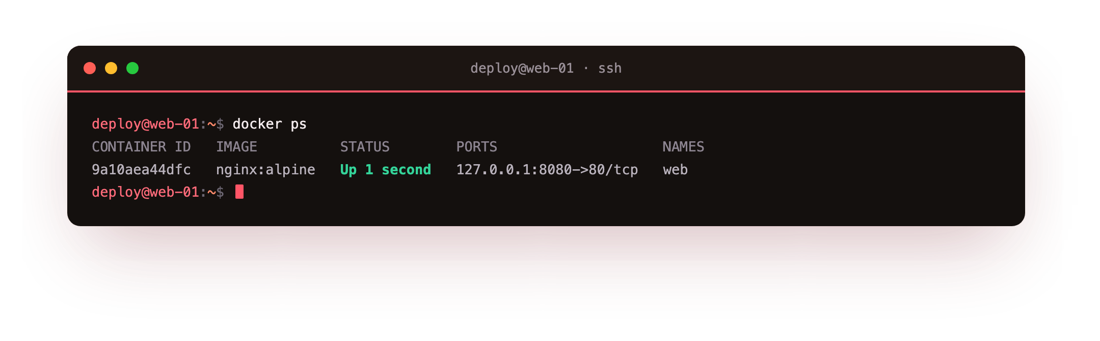 A running nginx container, mapped to a safe local port