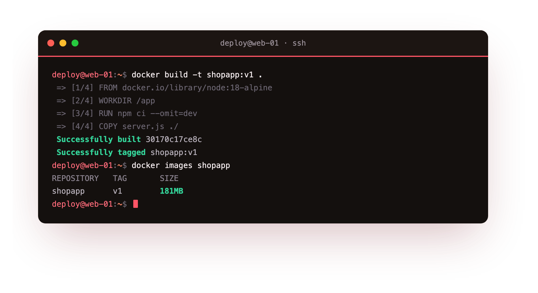 The built image, tagged shopapp:v1, at 181 MB