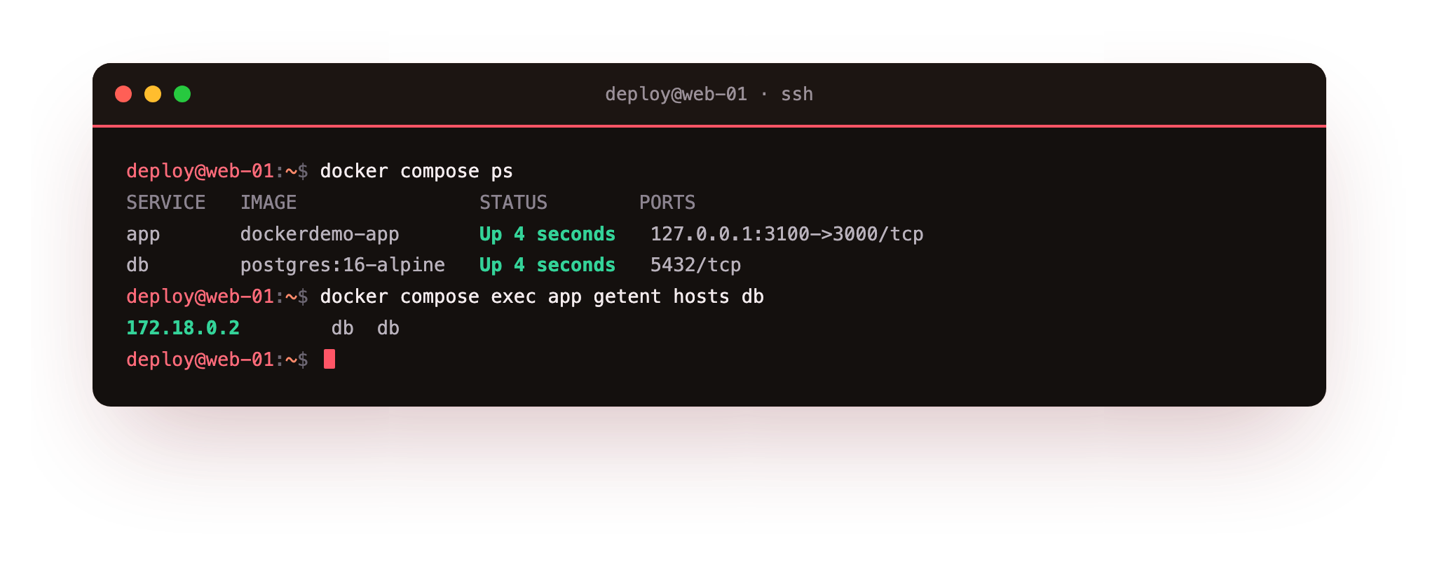 The app container resolves the db service by name on the private network