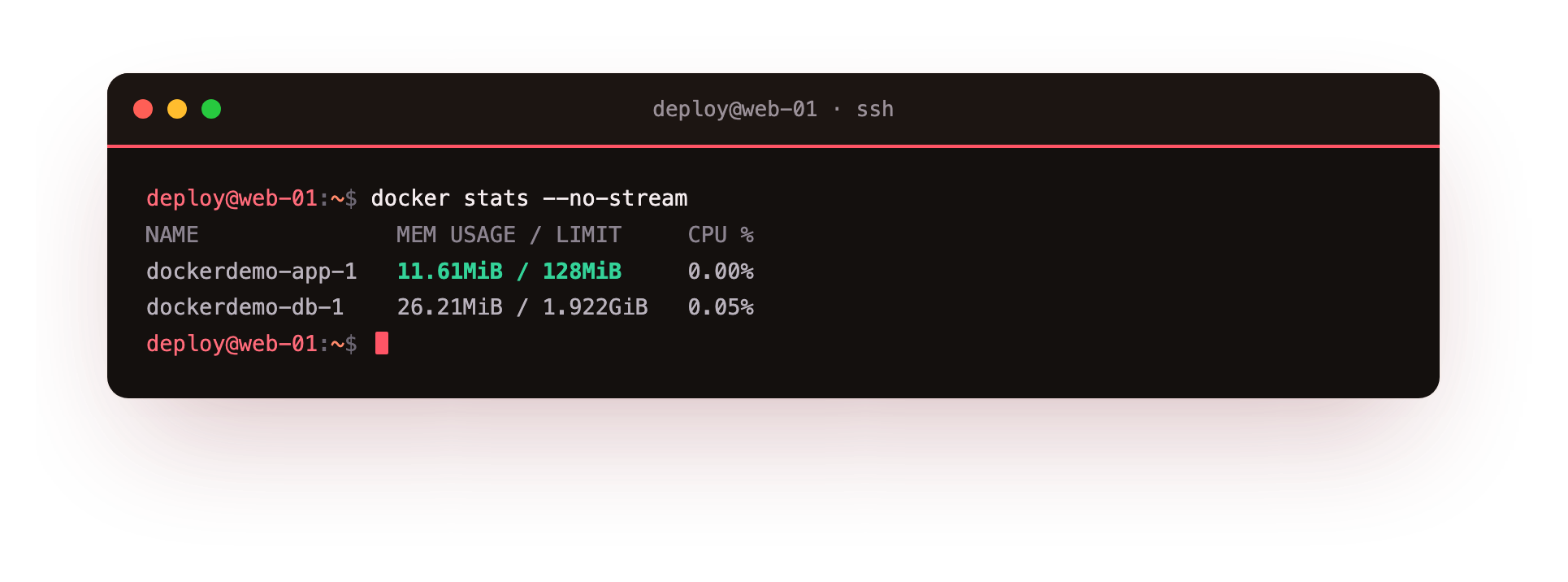 Live resource use per container, each capped by its memory limit