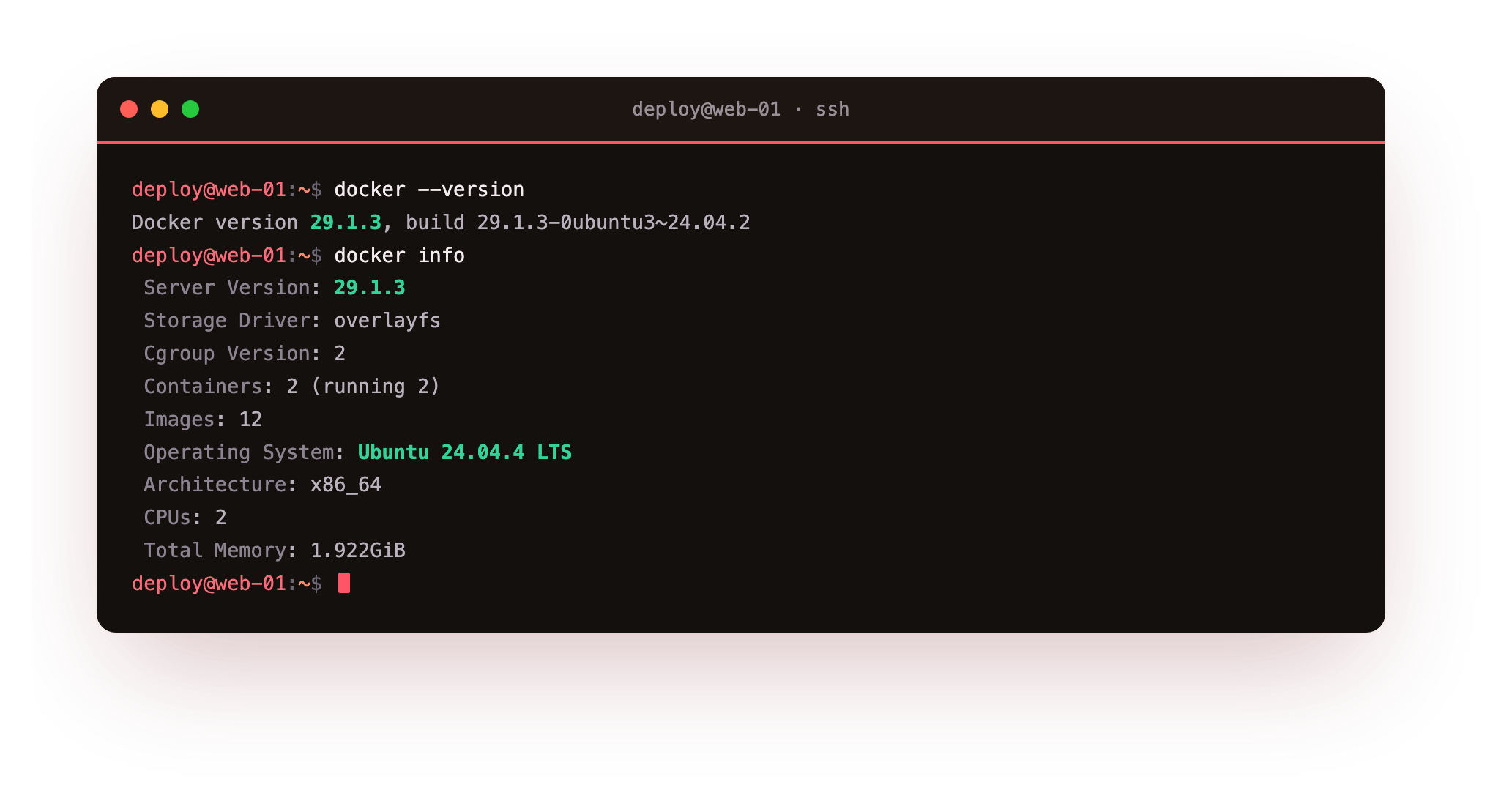 docker --version and a trimmed docker info on Ubuntu 24.04, showing the overlayfs storage driver, cgroup v2, and the running container and image counts