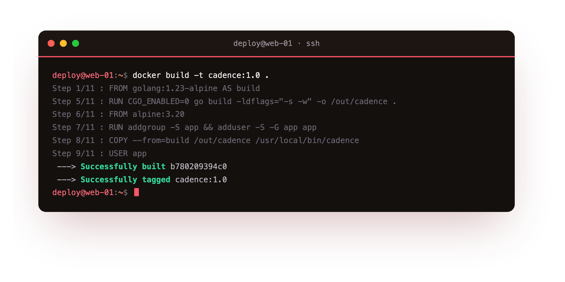 docker build running the multi-stage Dockerfile step by step and tagging the finished image cadence:1.0