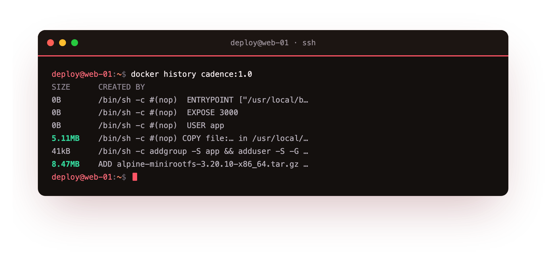 docker history listing each layer of the image newest first, with the Alpine base and copied binary carrying the size and the metadata steps adding zero bytes