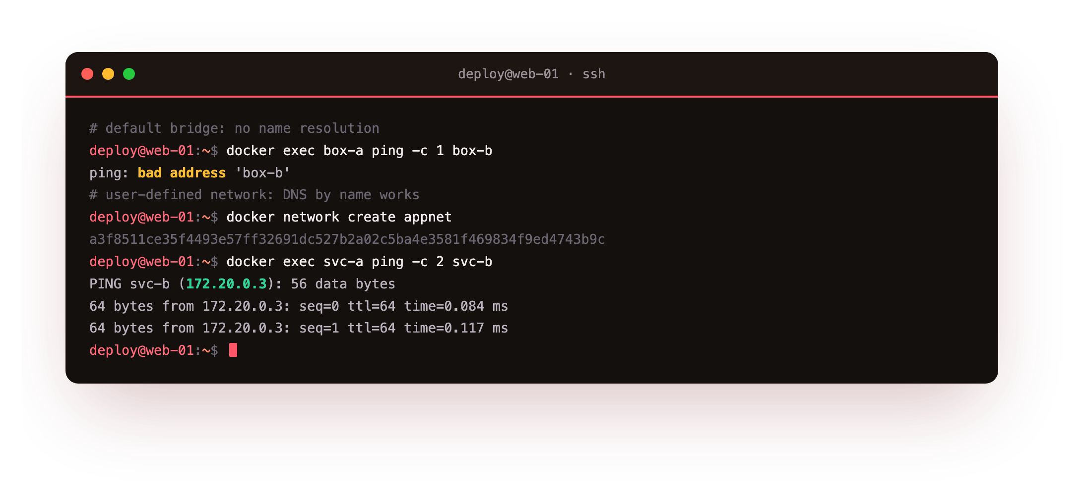 A container on the default bridge failing to resolve another by name with bad address, then two containers on a user-defined network pinging each other by name successfully