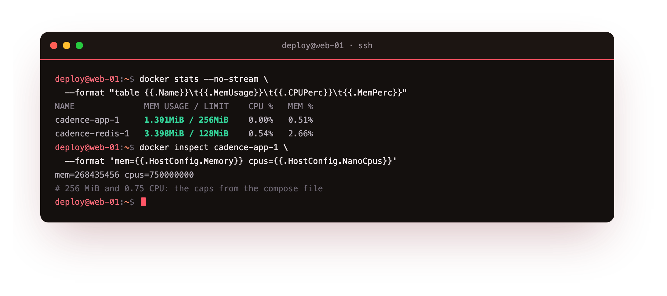 docker stats showing each container's live memory against its limit, the app capped at 256 MiB and Redis at 128 MiB, both sitting well below the ceiling