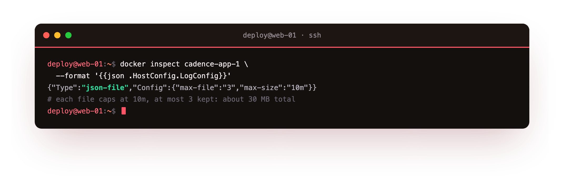 docker inspect reporting the json-file log driver with max-size 10m and max-file 3, so the container's logs are capped at roughly 30 MB