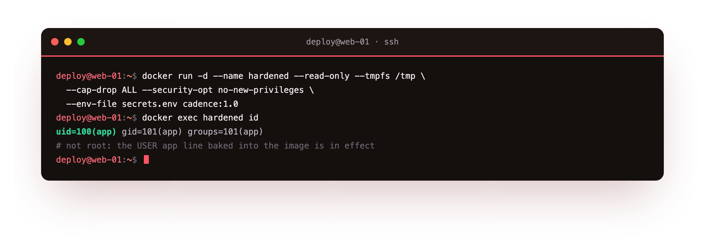 A hardened container launched with read-only root, dropped capabilities, and no-new-privileges, and docker exec id confirming it runs as the non-root app user