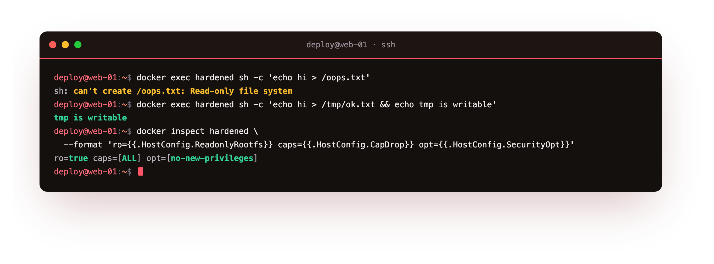 A write to the read-only root filesystem refused while a write to the tmpfs at /tmp succeeds, and docker inspect confirming ReadonlyRootfs, CapDrop ALL, and no-new-privileges