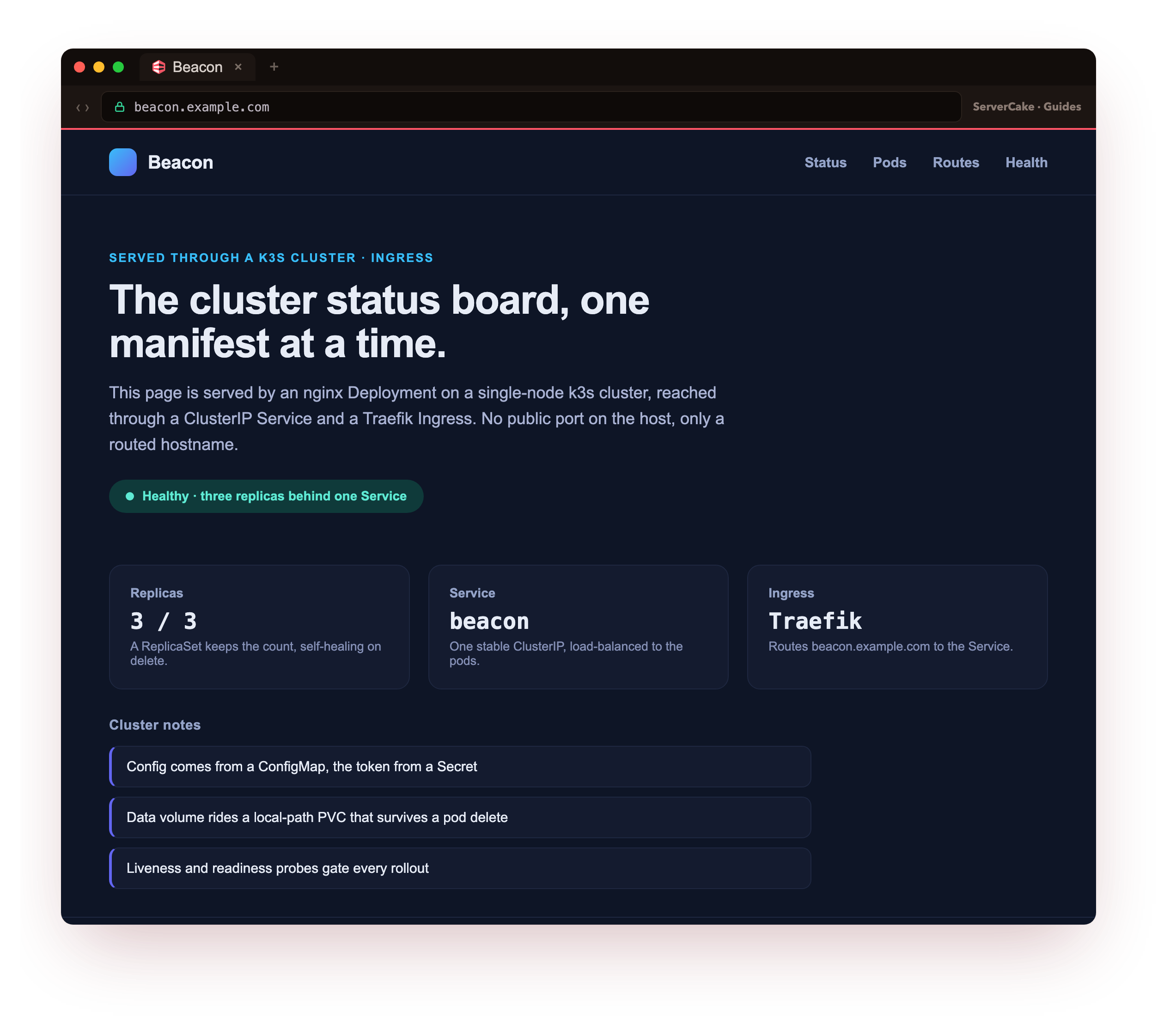 The Beacon cluster status board served by the nginx Deployment and reached through the Traefik Ingress, showing three replicas behind one Service, open in a browser