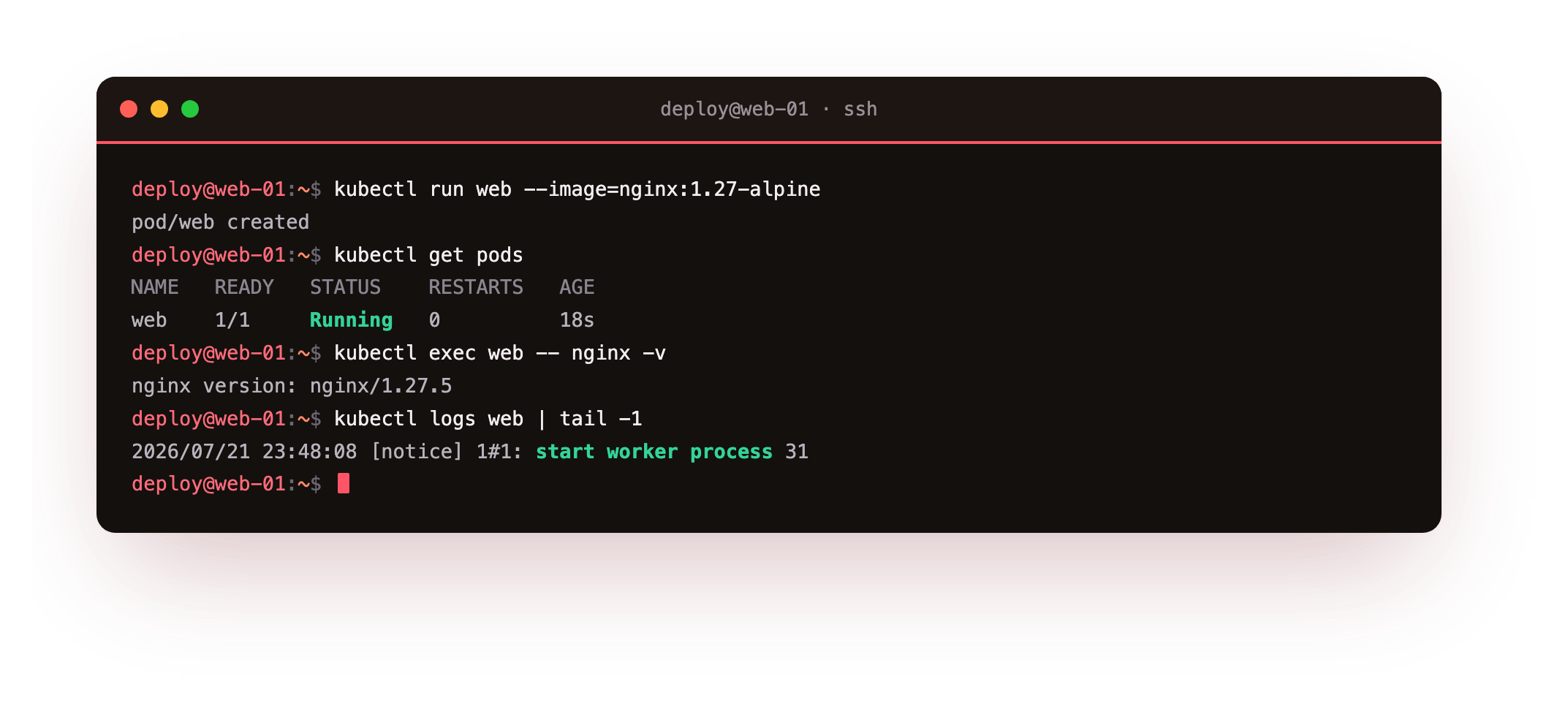 A first pod started from the nginx 1.27-alpine image, kubectl get pods showing it Running, the nginx version printed from inside it, and its startup log line