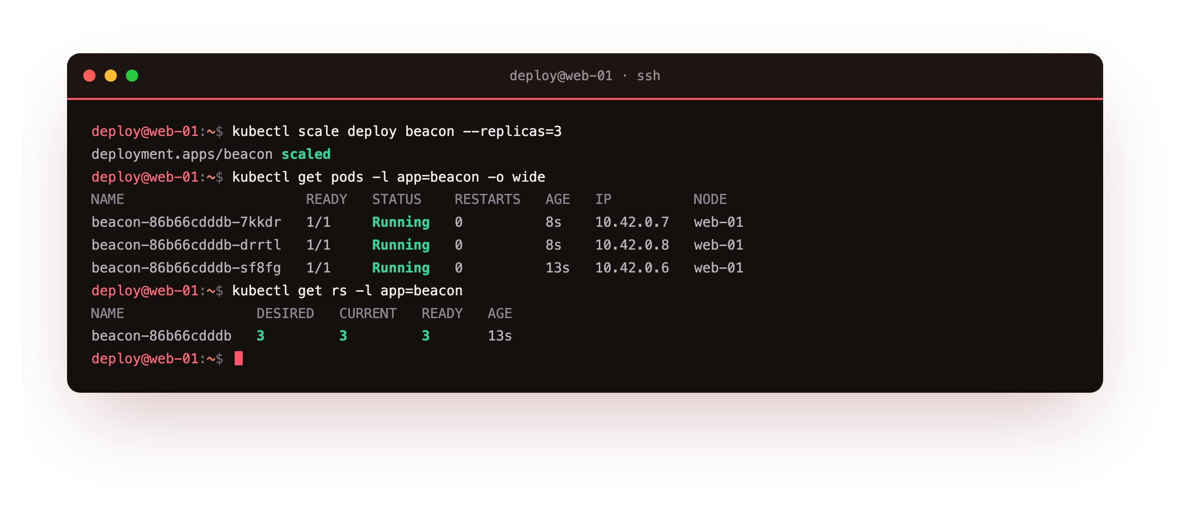 kubectl scale taking the Deployment to three replicas, three beacon pods Running with their pod IPs, and the ReplicaSet reporting three desired, current and ready