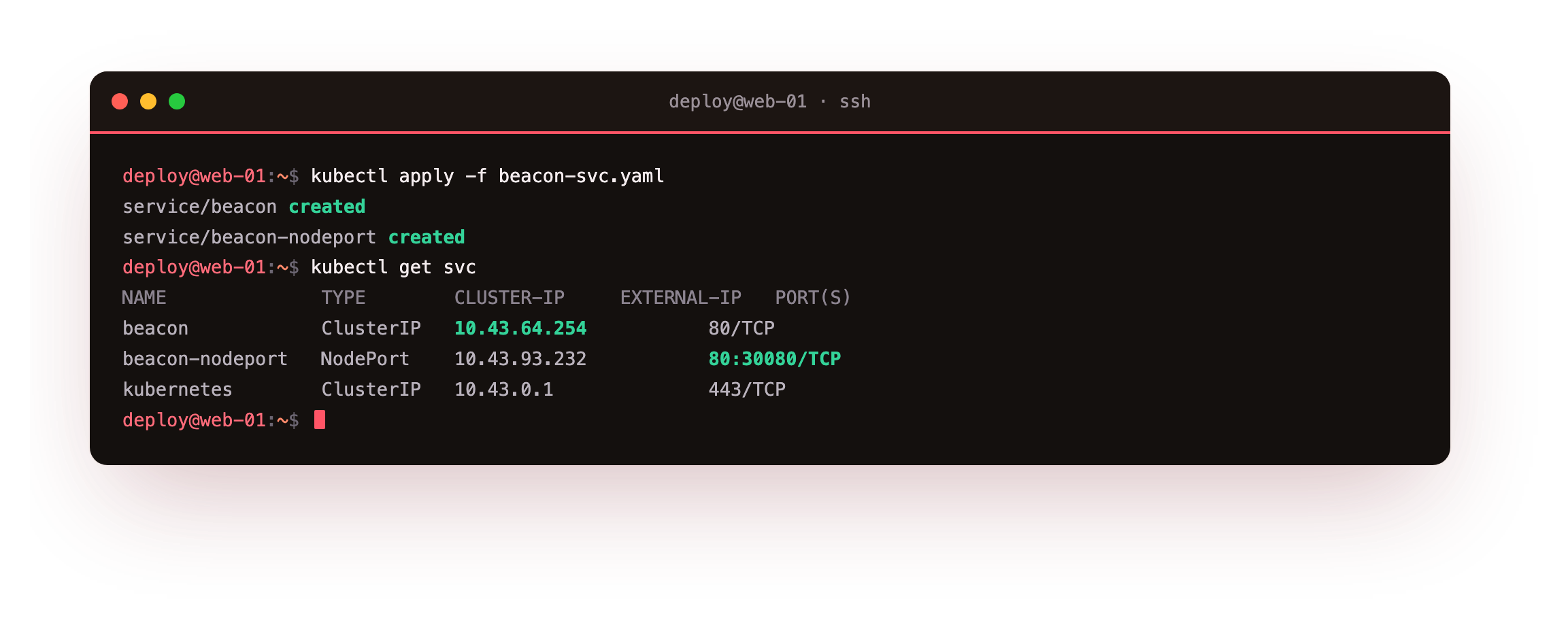 kubectl apply creating a ClusterIP and a NodePort Service, then kubectl get svc listing both with their cluster IPs, the kubernetes default service, and the NodePort mapped to 30080