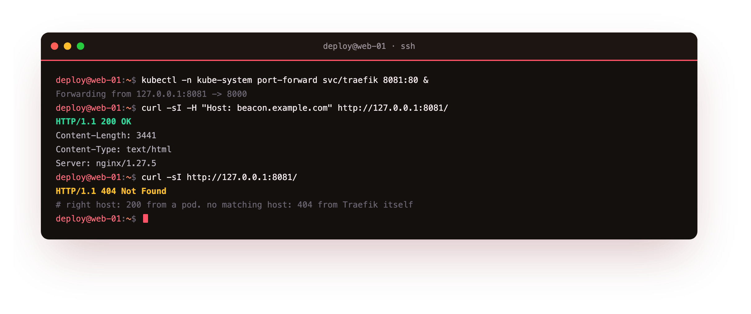 A port-forward to the Traefik controller, then a curl with the ingress hostname returning HTTP 200 with the nginx server header, proving the request routed through the Ingress to the pods