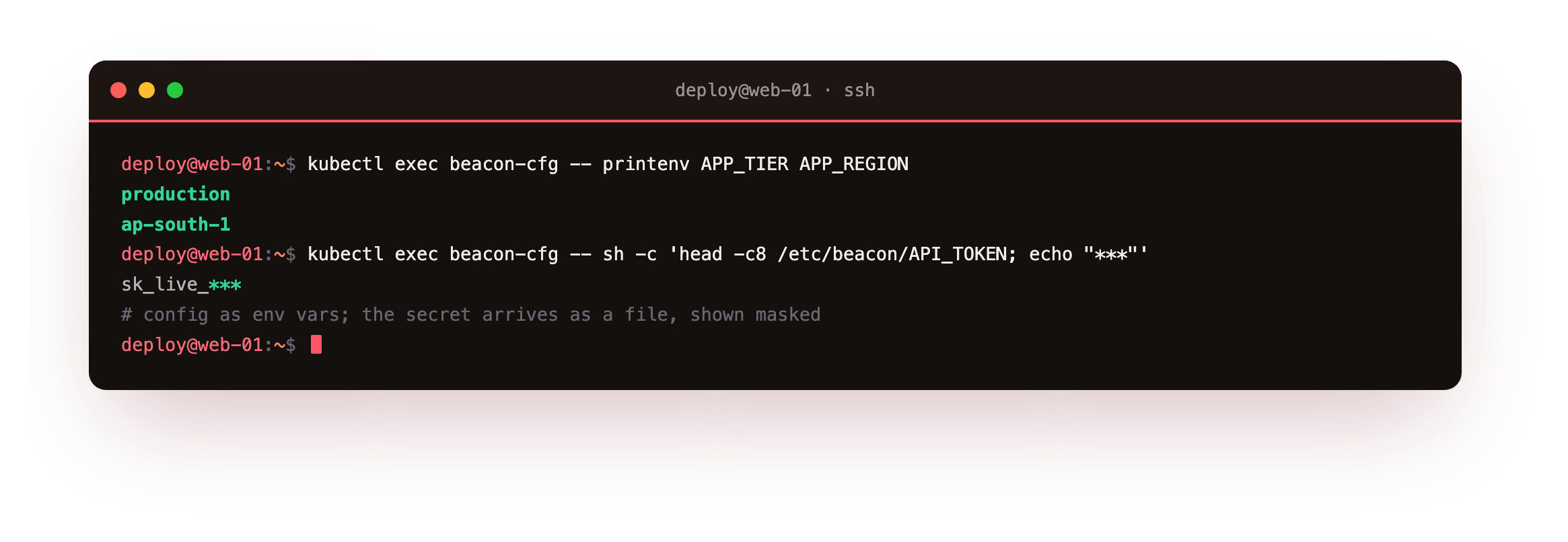 A pod reading its ConfigMap values from environment variables and the mounted Secret file, with the token shown only as a masked preview in the output