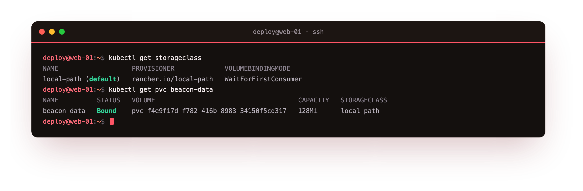 The default local-path StorageClass and a PersistentVolumeClaim bound to an automatically provisioned 128Mi volume on the node's disk