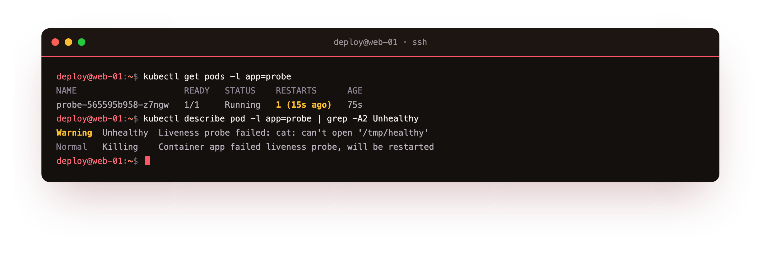 A pod whose liveness probe starts failing, the restart counter incrementing, and the describe events reporting the failed probe and the container being restarted by the kubelet