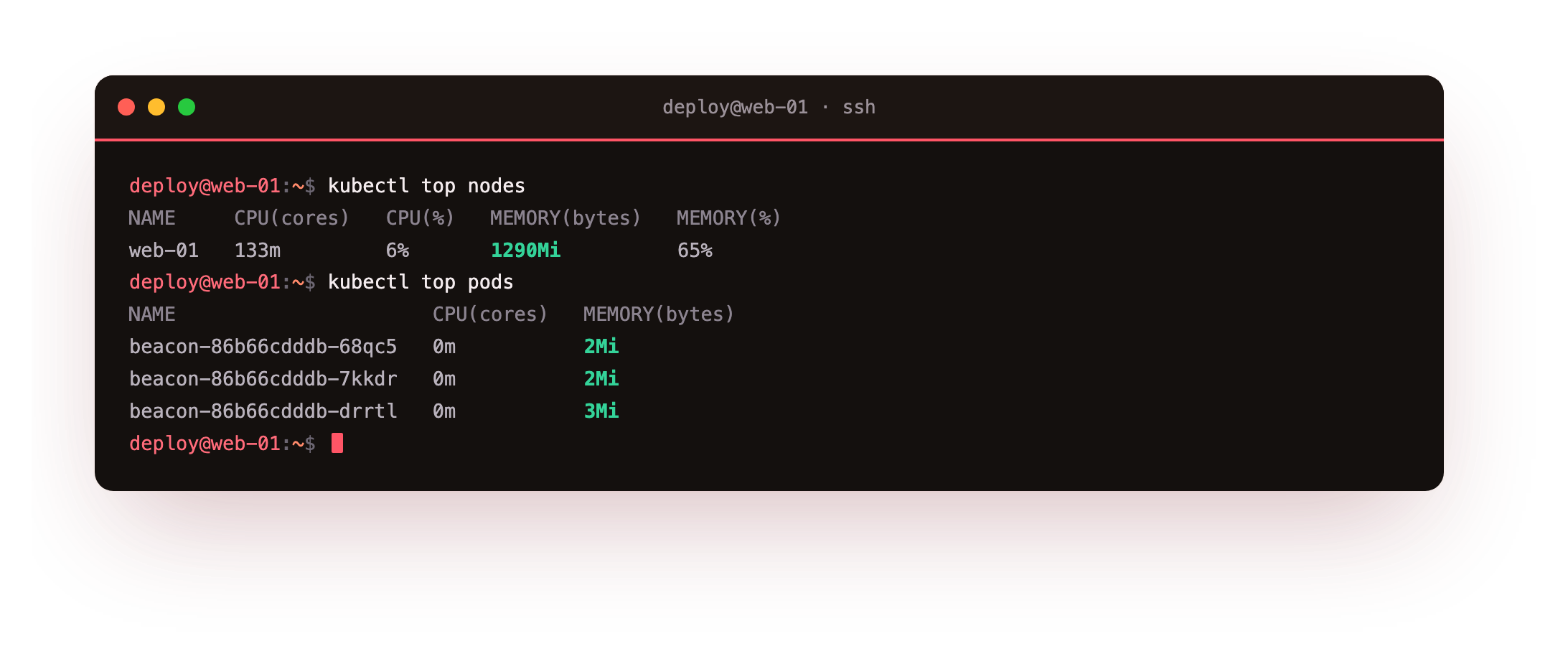 kubectl top reading live CPU and memory for the node and every pod from the bundled metrics-server, the day-two view of where resources are going