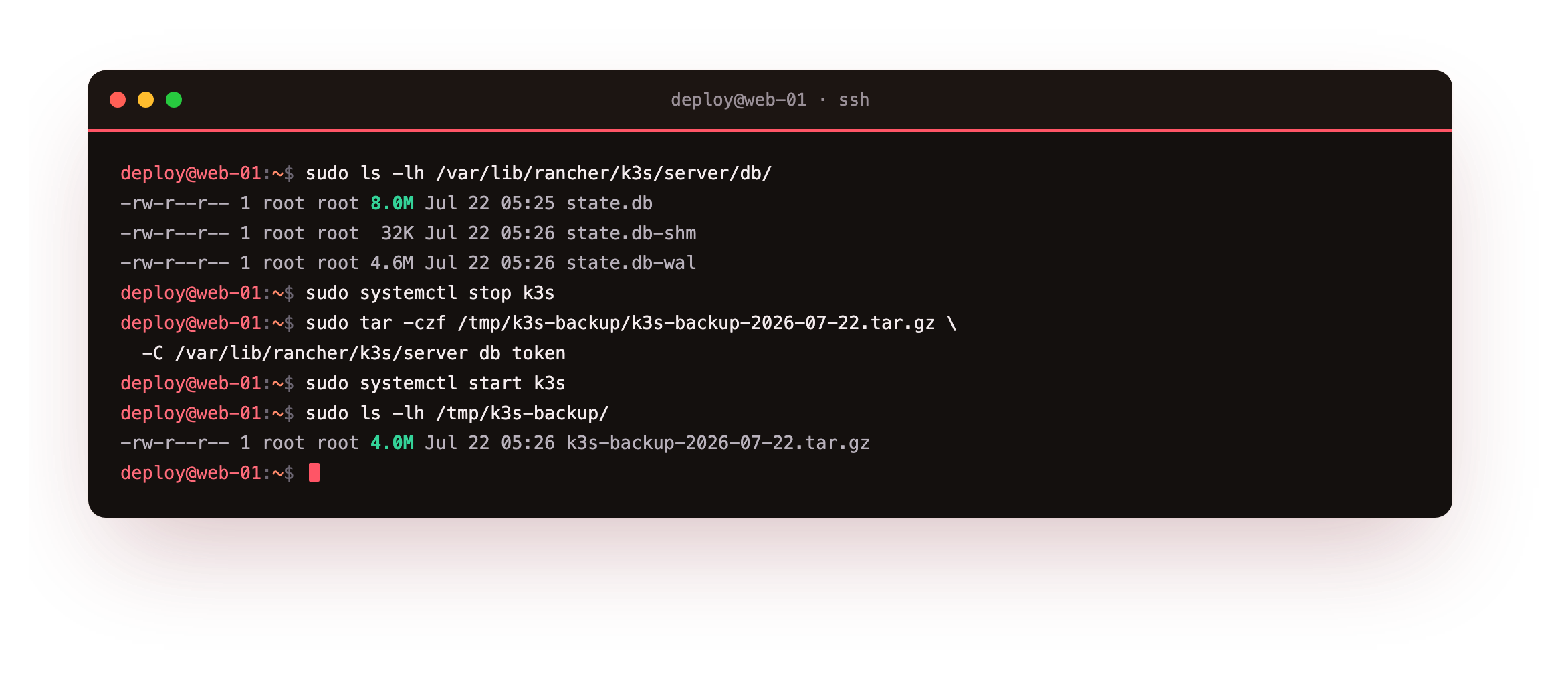 The k3s SQLite datastore files on disk, a consistent tar backup of the datastore and node token taken with the service stopped, and the finished backup archive