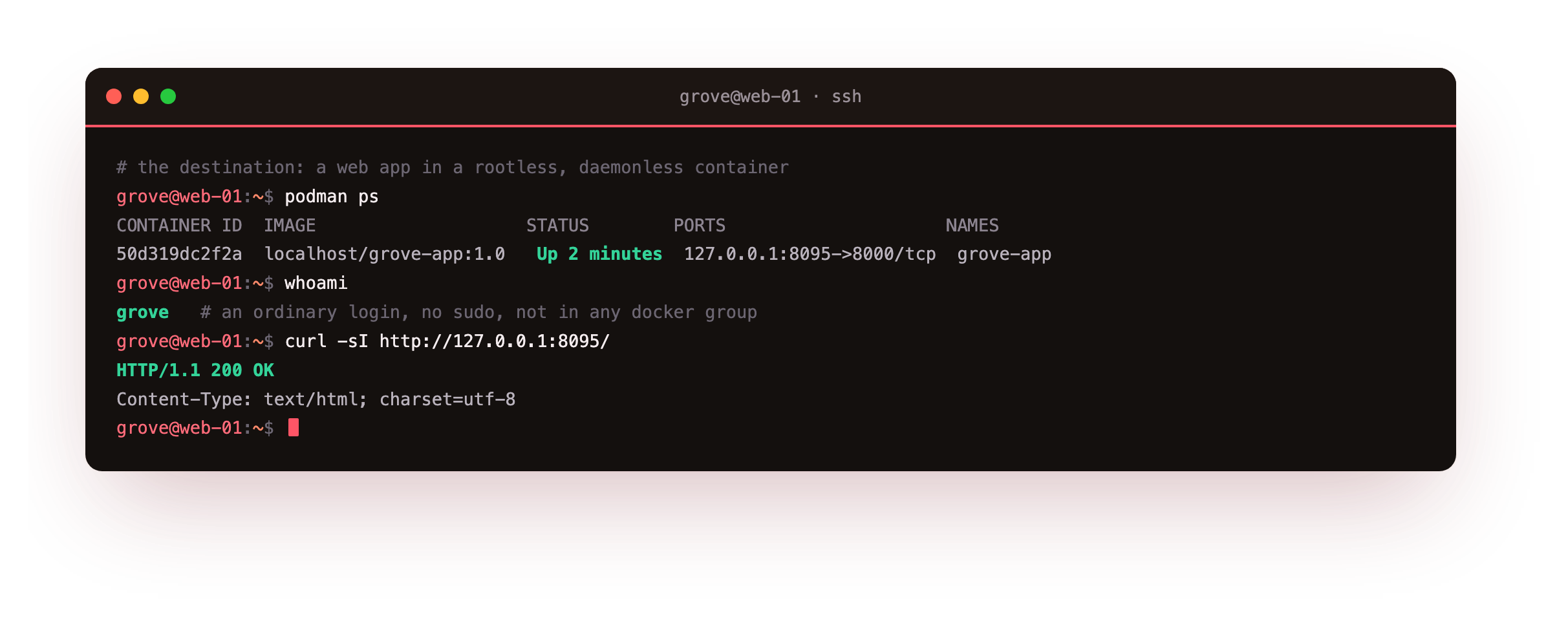 The end state shown before any theory: podman ps listing the Grove app container up and published on loopback, whoami reporting the ordinary user it runs as, and curl returning HTTP 200, a rootless daemonless web app served without root anywhere