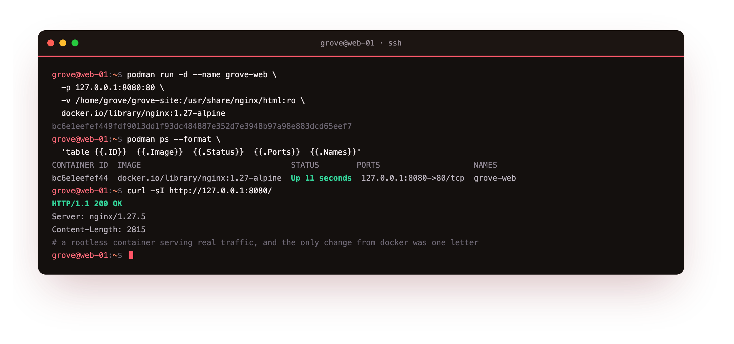 A rootless nginx 1.27-alpine container started in one command with no sudo, podman ps listing it published on 127.0.0.1 port 8080, and curl returning HTTP 200 with an nginx server header from inside it