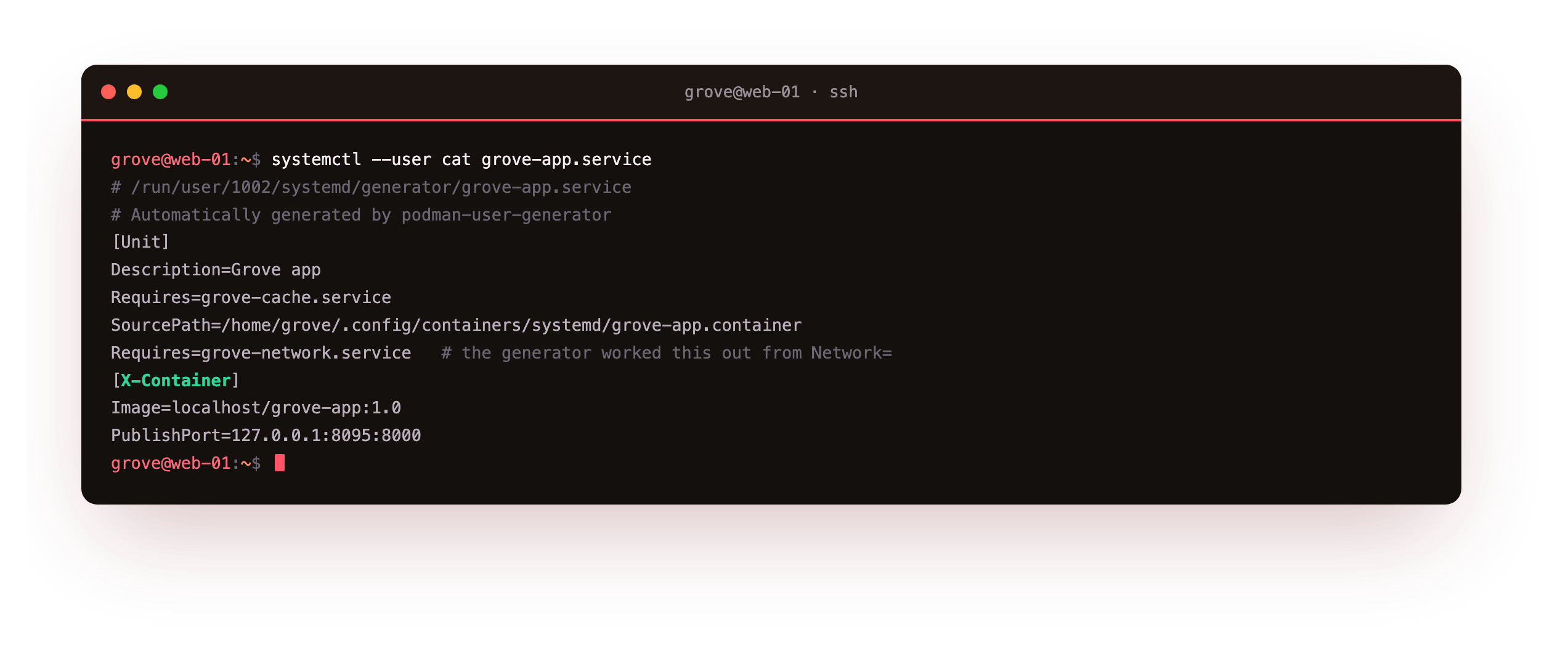 The service systemd generated from the Quadlet file, sitting in a runtime generator directory with an X-Container block recording the original keys and an added dependency on the network service the generator worked out
