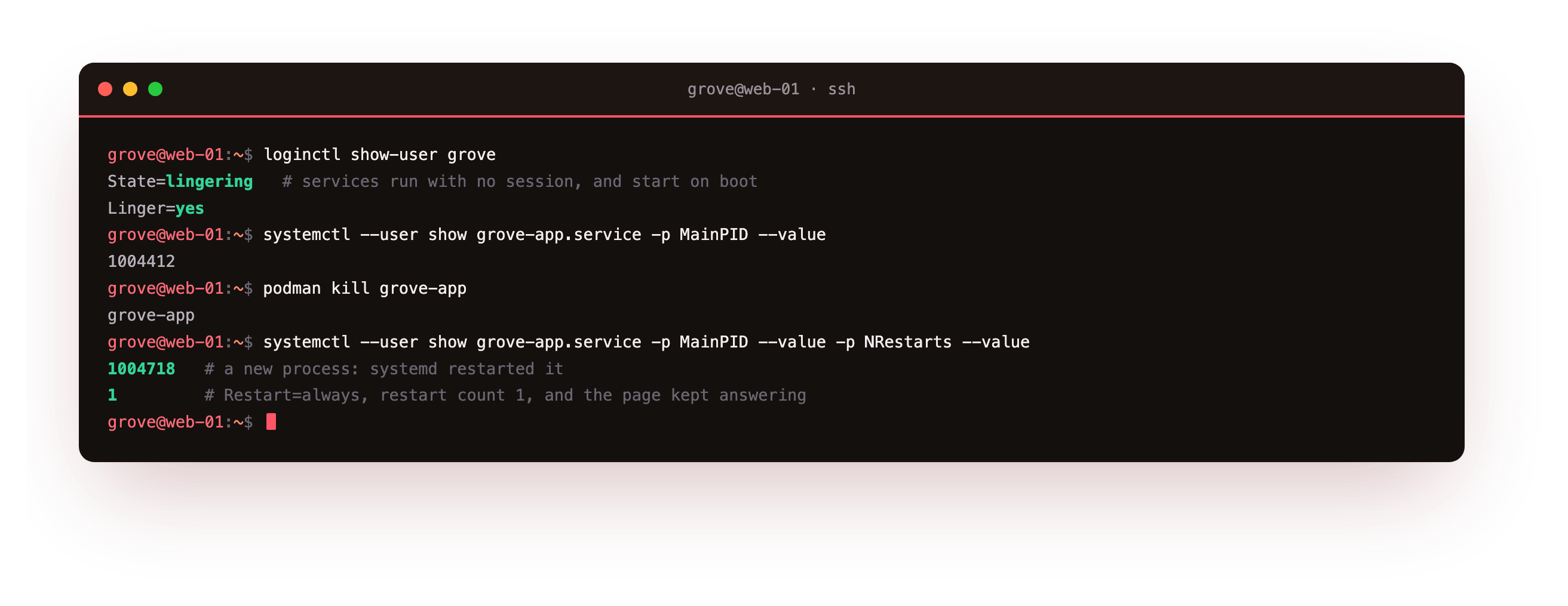 loginctl reporting lingering enabled so the user's services survive with no session, then the app killed out from under systemd and brought straight back by Restart=always with a new process id and a restart count of one