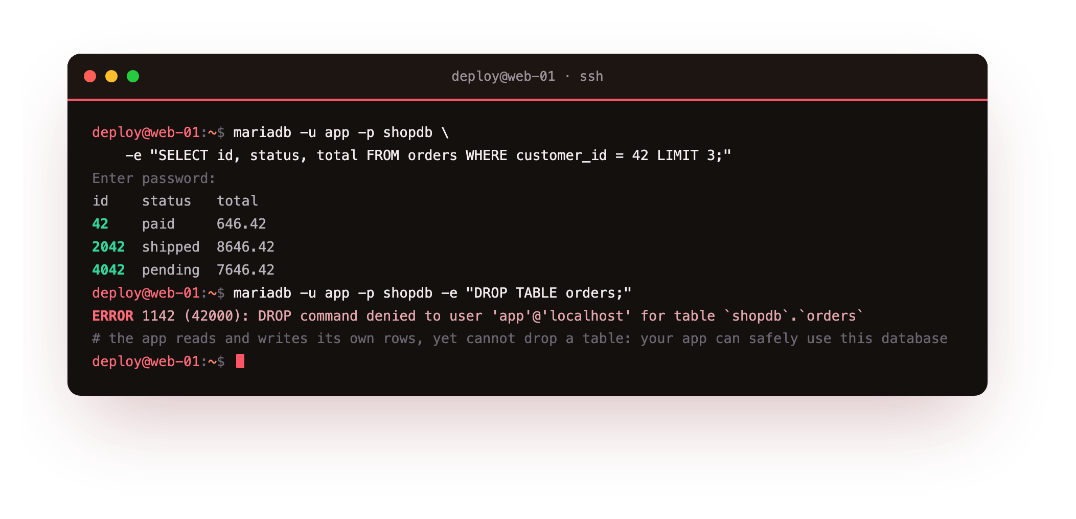 The destination shown before any theory: a least-privilege app account queries its own orders and gets three rows back, then is refused DROP TABLE with error 1142, the proof that your app can safely use this database yet cannot wreck its schema