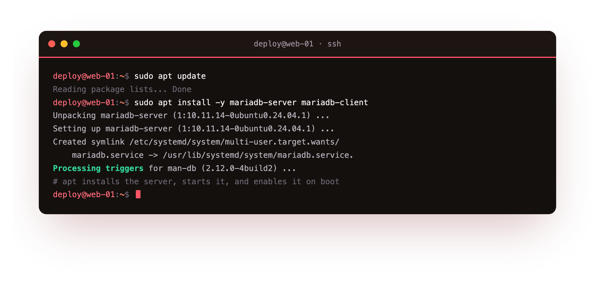 apt installing mariadb-server on a bare Ubuntu 24.04 slice, unpacking and setting up the server and creating the systemd symlink that enables it on boot, the from-zero first step most tutorials skip