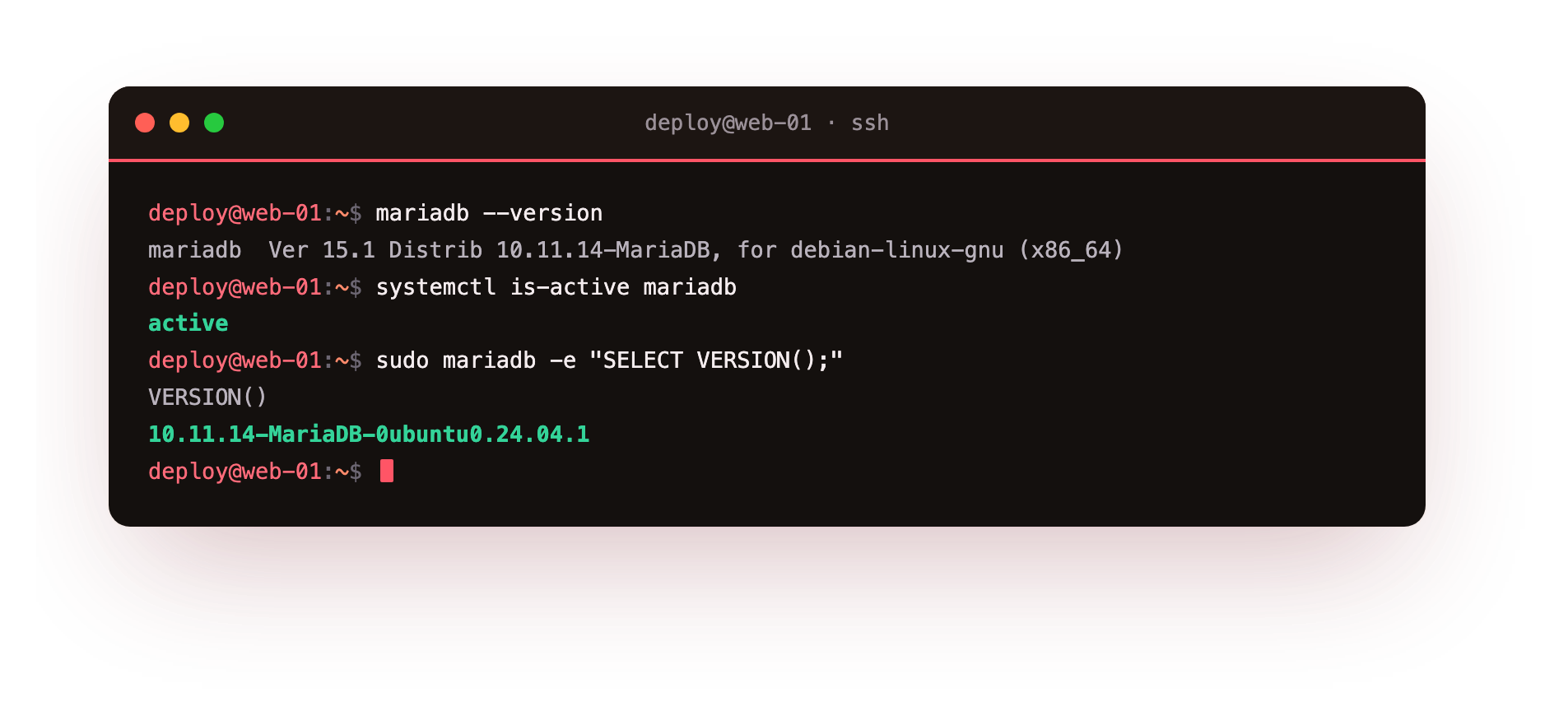 MariaDB 10.11 reporting its version and the service showing active running on Ubuntu 24.04