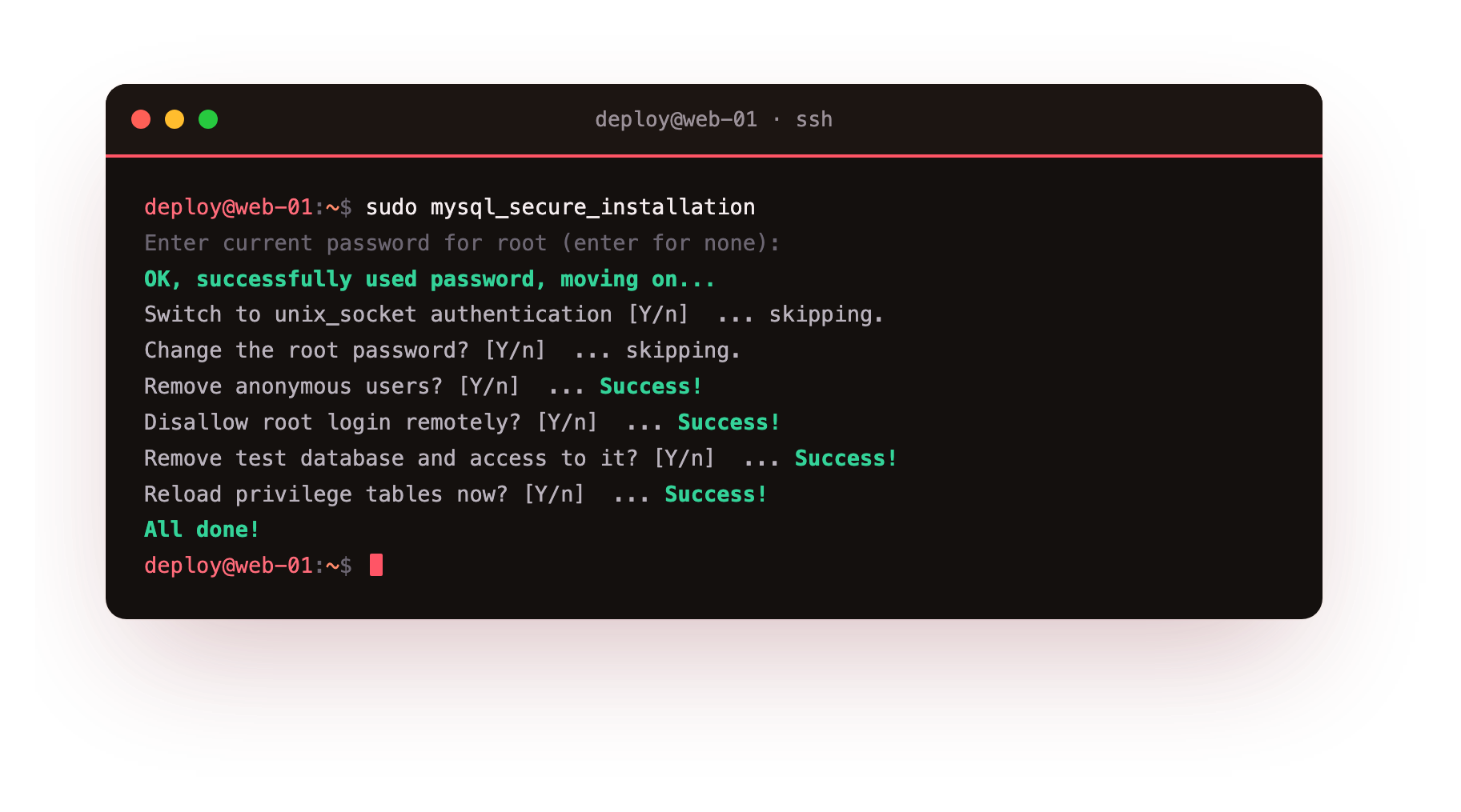 mysql_secure_installation confirming root is already protected, then removing anonymous users and the test database