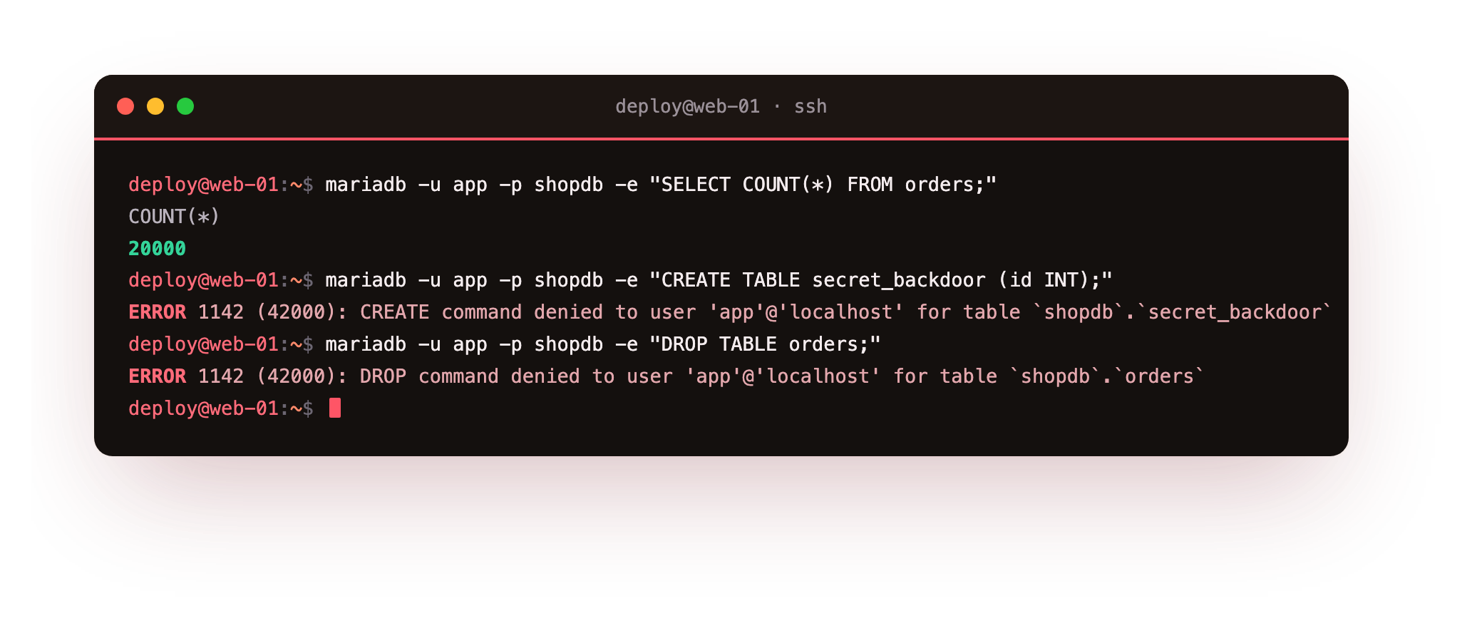 The app account reads its rows but is refused CREATE TABLE and DROP TABLE with error 1142 command denied