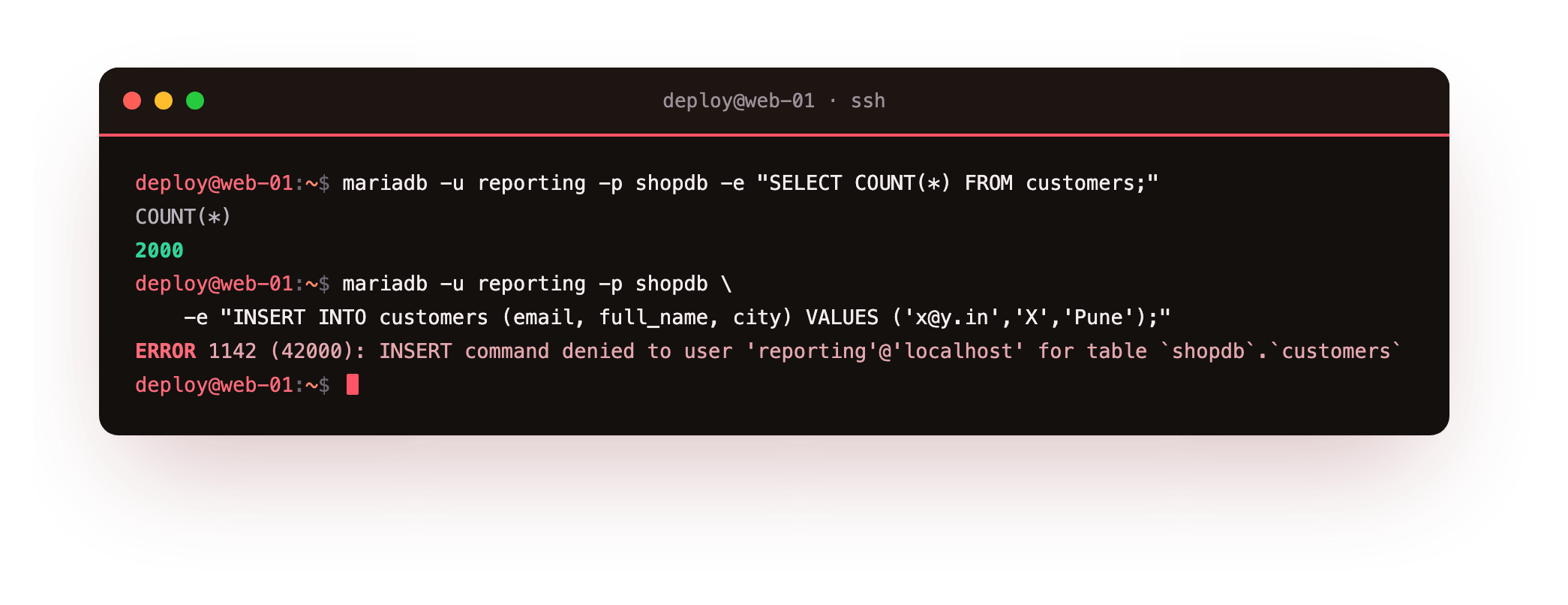 The read-only reporting account is refused an INSERT with error 1142 command denied
