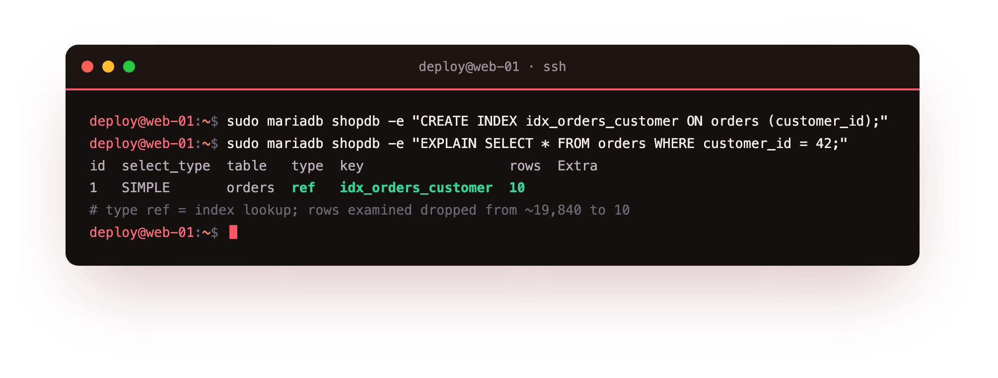 EXPLAIN after adding the index shows an index lookup of type ref examining only ten rows