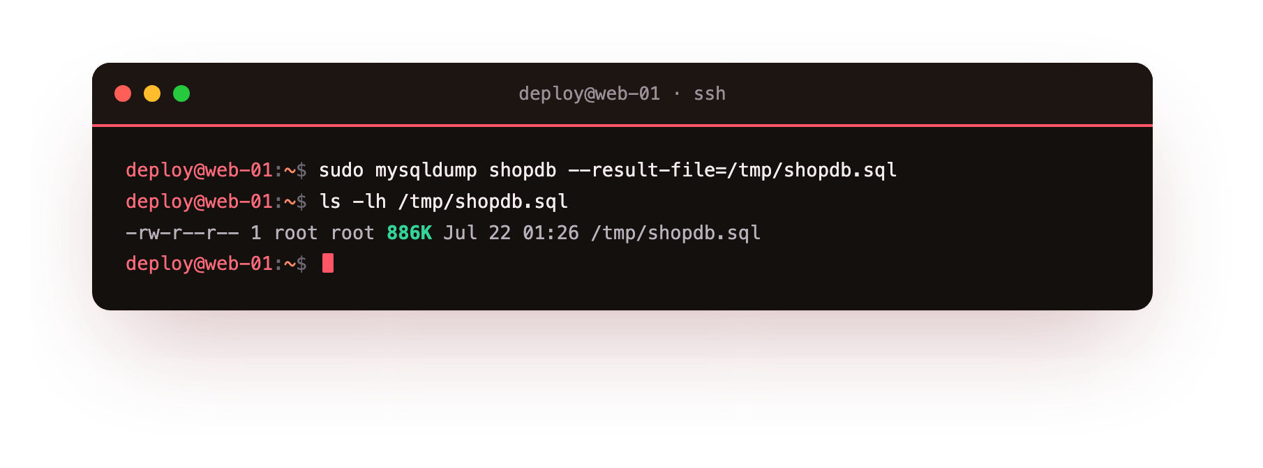 mysqldump writing the whole shopdb database to a single 886 KB SQL file