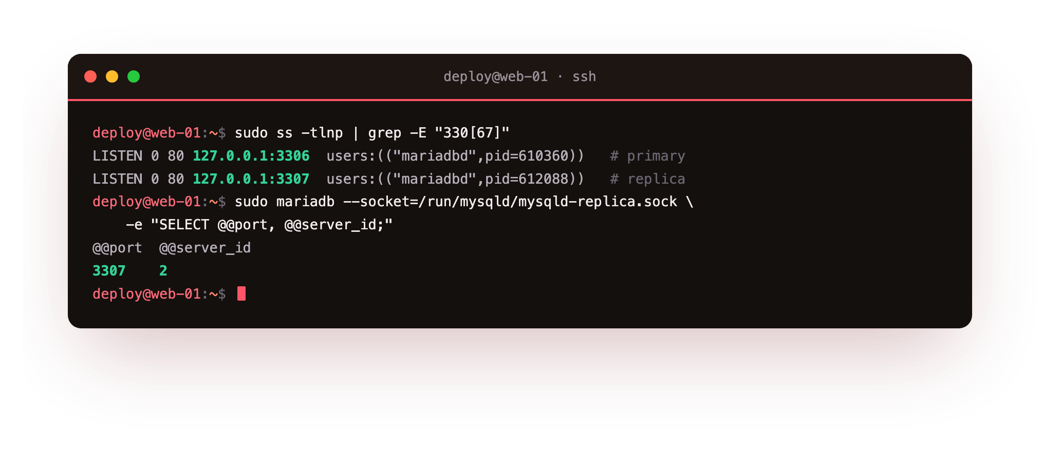 Two MariaDB instances listening on loopback, the primary on 3306 with server id 1 and the replica on 3307 with server id 2