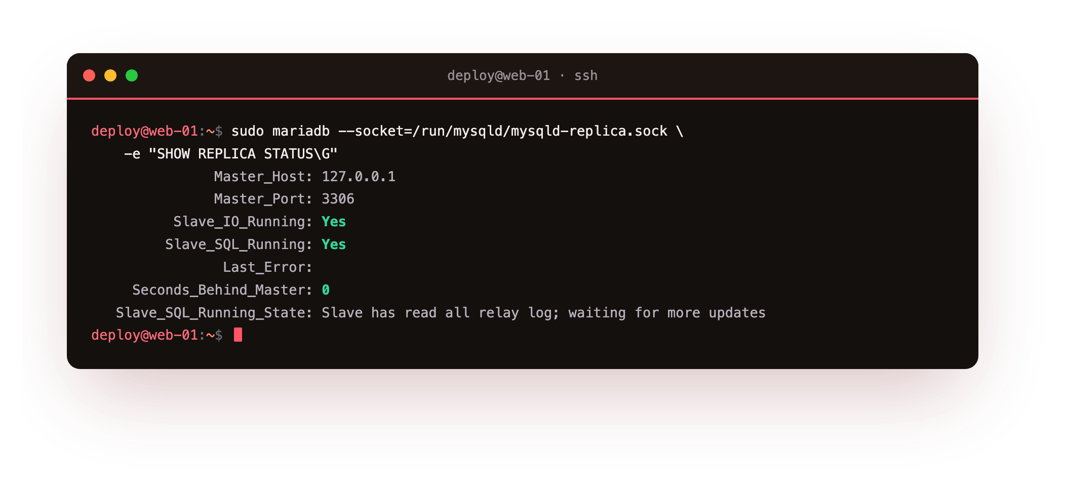 SHOW REPLICA STATUS reporting both the IO and SQL threads running and the replica zero seconds behind the primary