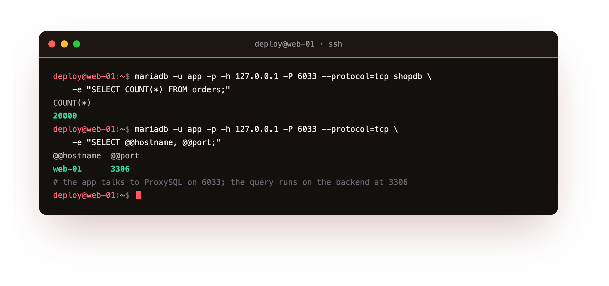 The app connecting through ProxySQL on port 6033 and running its query against the MariaDB backend on 3306