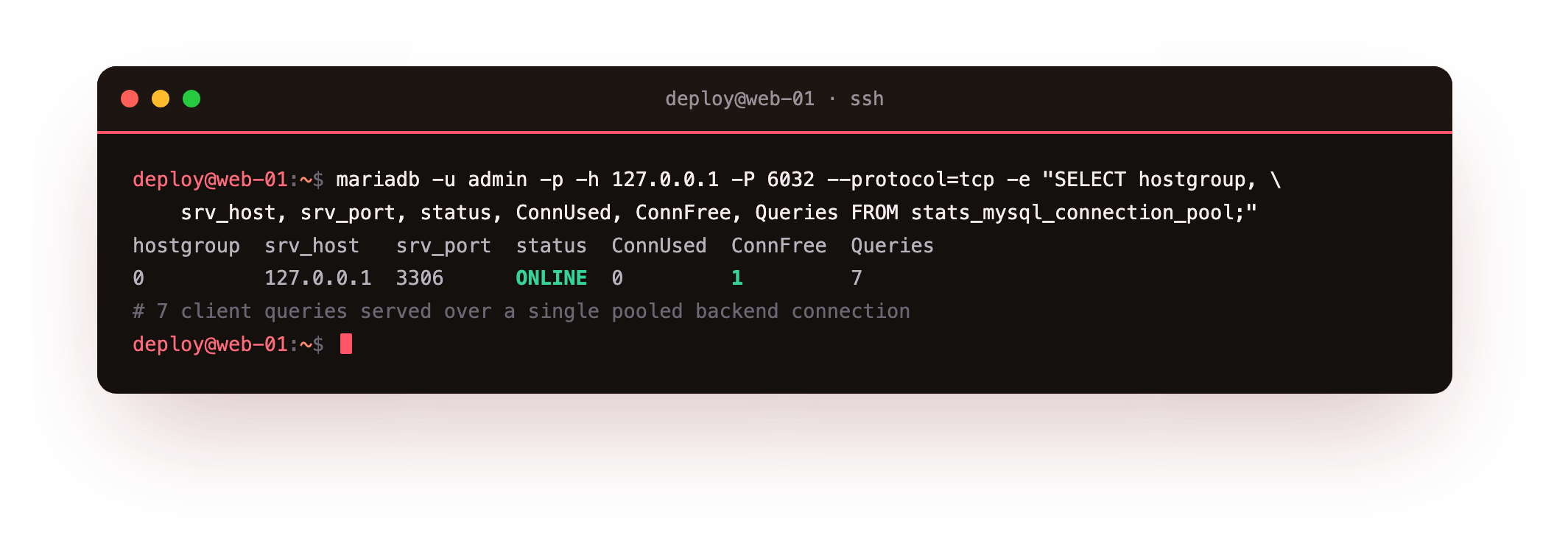 The ProxySQL pool stats showing the backend ONLINE with several client queries served over a single pooled backend connection