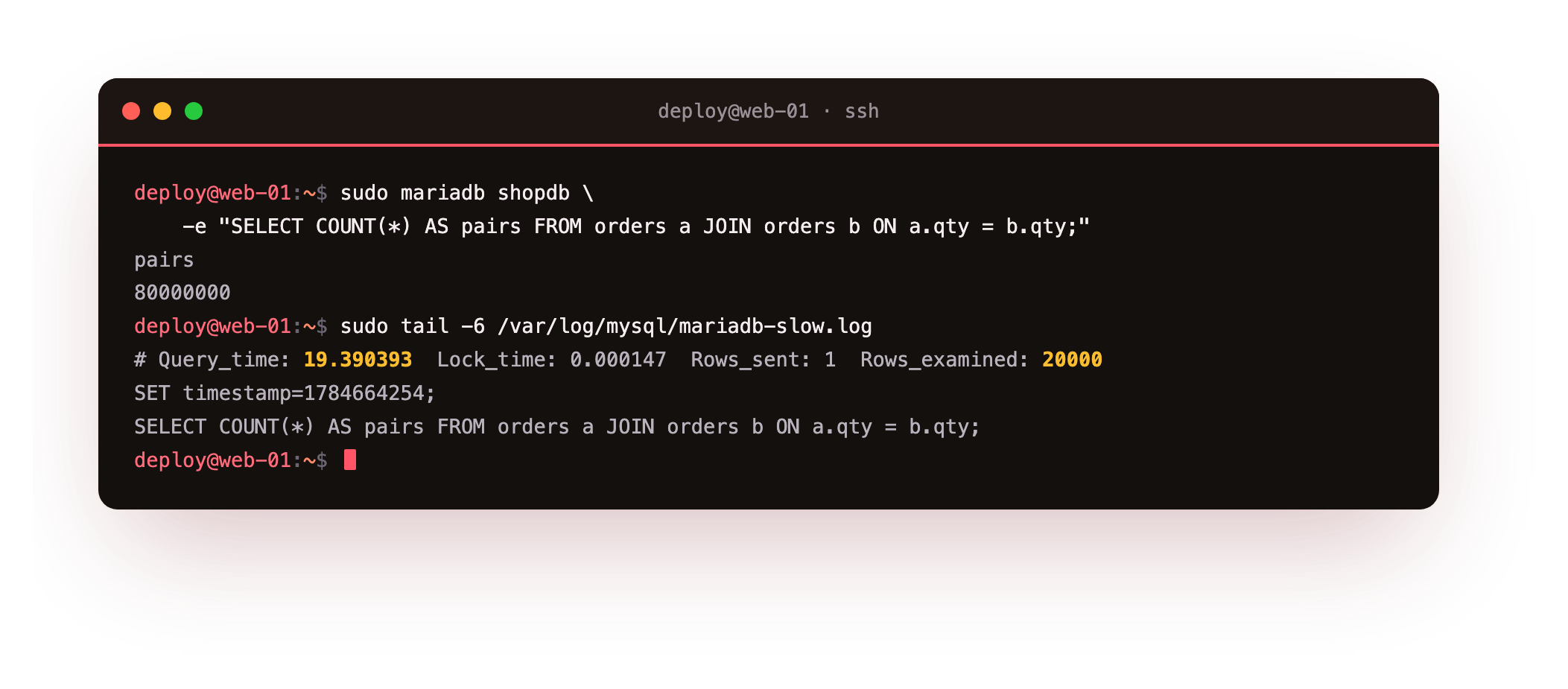The slow query log recording a nineteen second self join, its query time and rows examined written to the log file