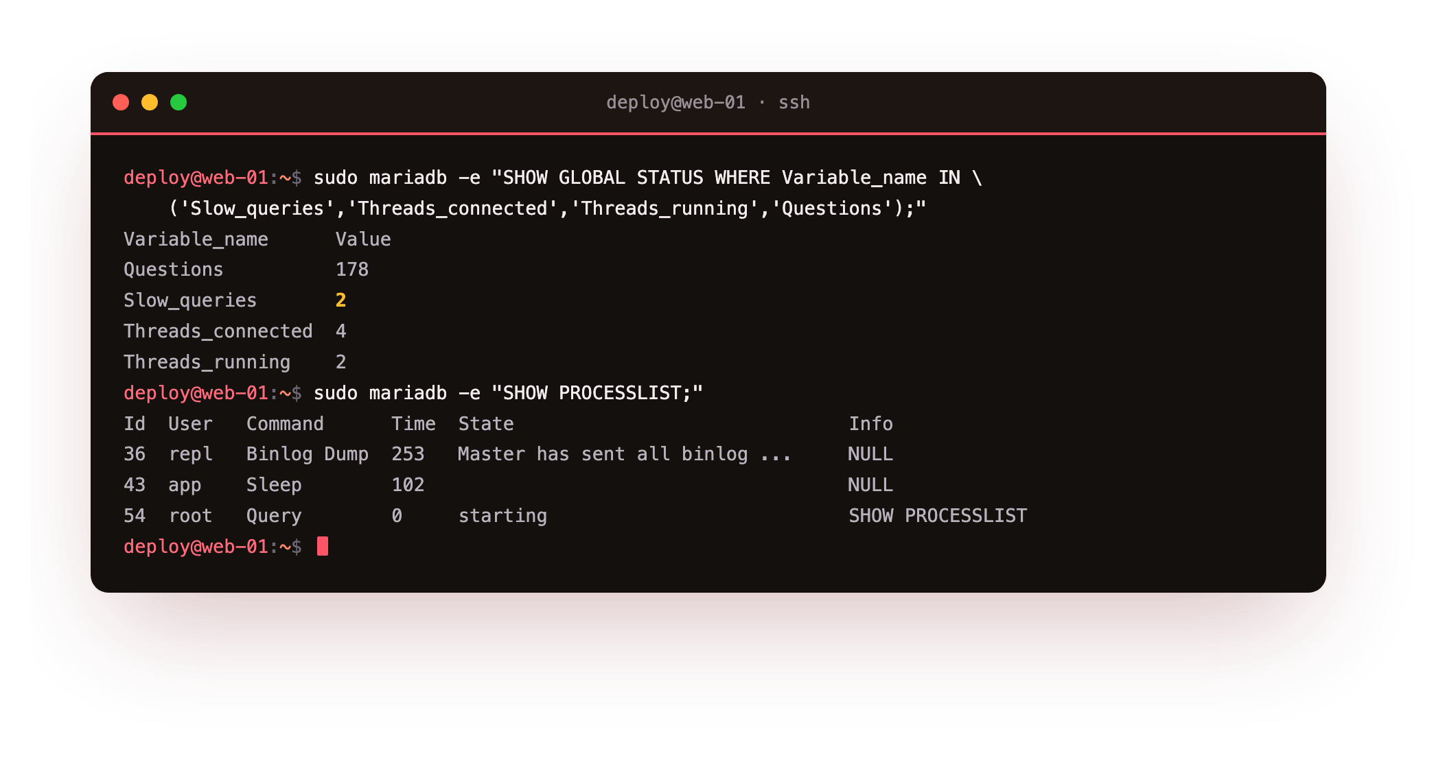 SHOW PROCESSLIST and the global status counters showing connected threads and the slow query count