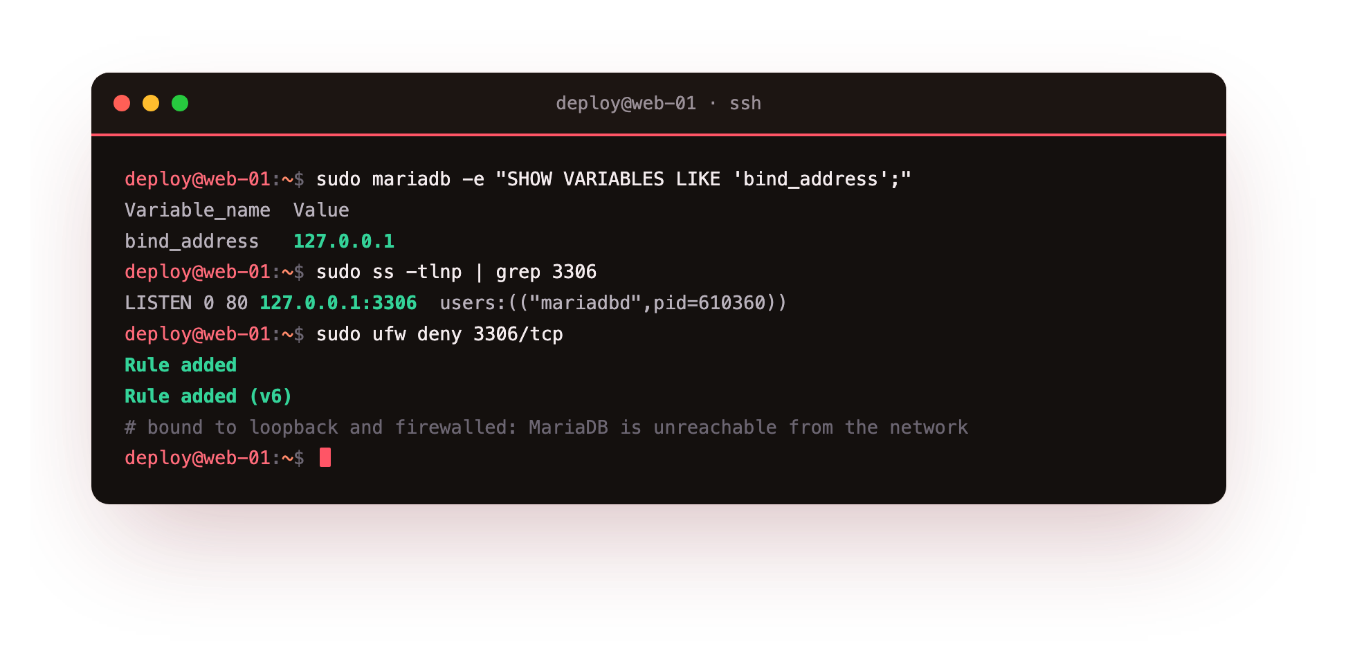 MariaDB bound to loopback only, listening on 127.0.0.1, with the firewall denying the port from the network