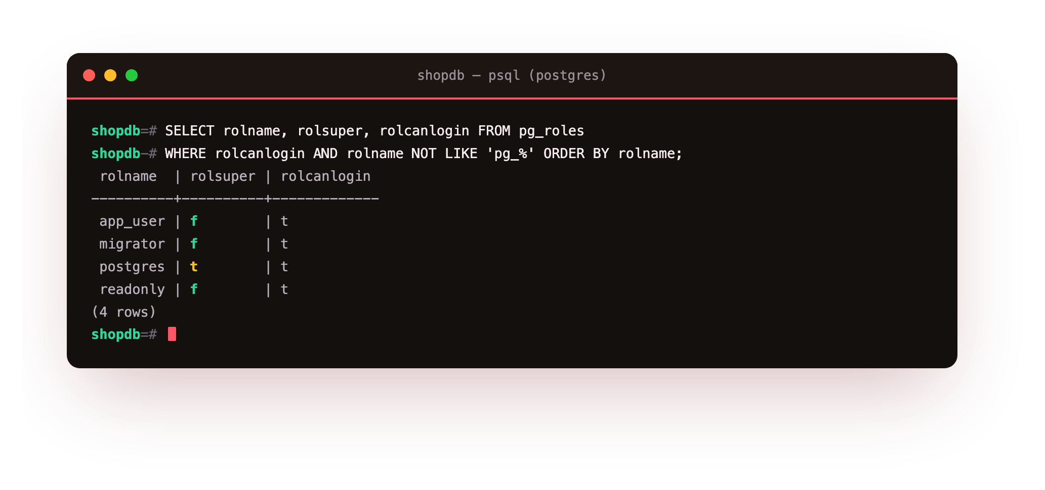 Four roles can log in and only postgres is a superuser