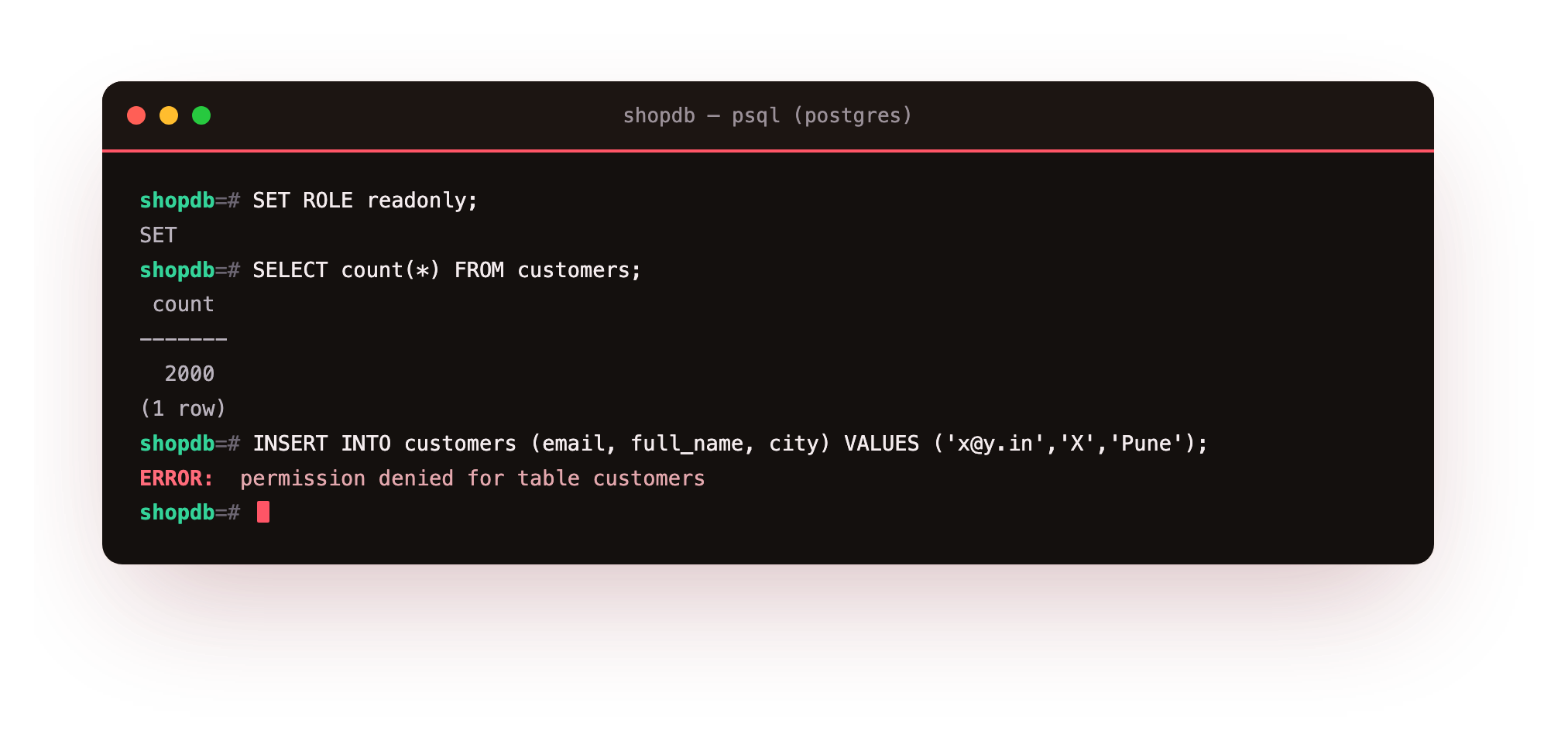 The read-only role can SELECT but is refused INSERT