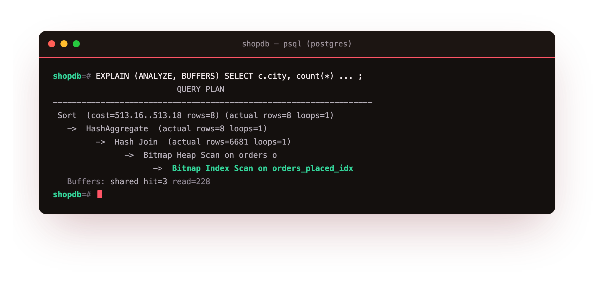 The plan uses the index on placed_at, a bitmap index scan