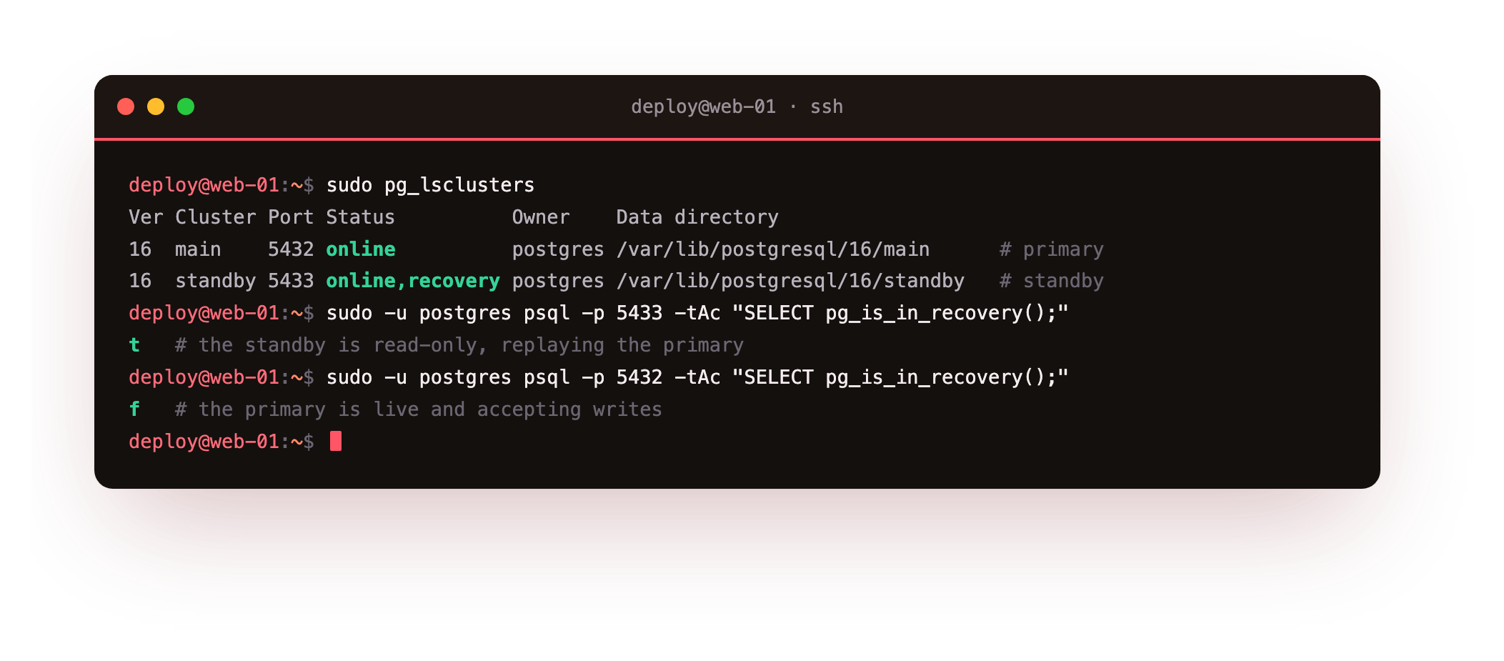 pg_lsclusters showing a primary main cluster on 5432 and a standby cluster on 5433 in recovery, with pg_is_in_recovery returning t on the standby and f on the primary