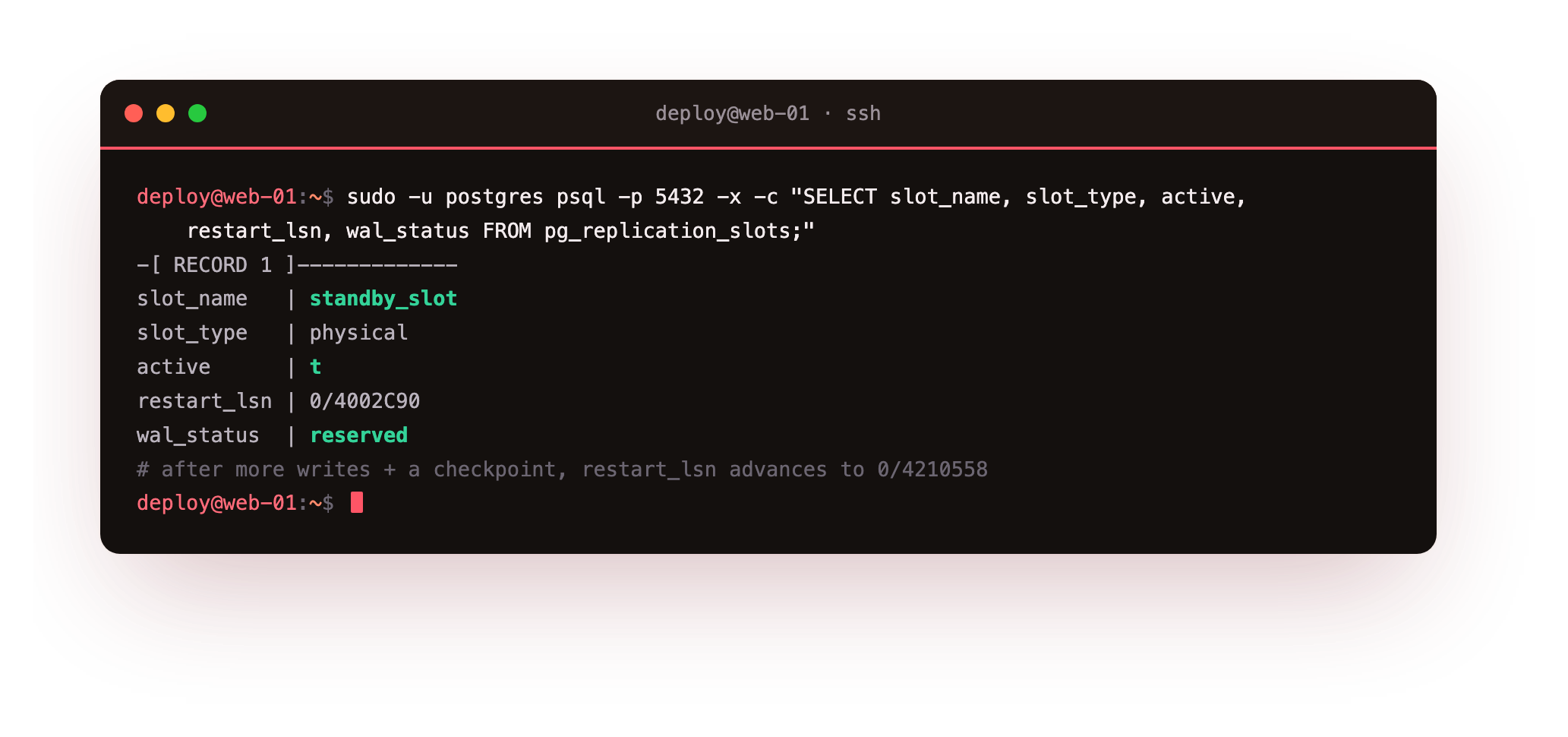 A physical replication slot named standby_slot shown active with a reserved WAL status and a restart_lsn marking the oldest log position the standby still needs