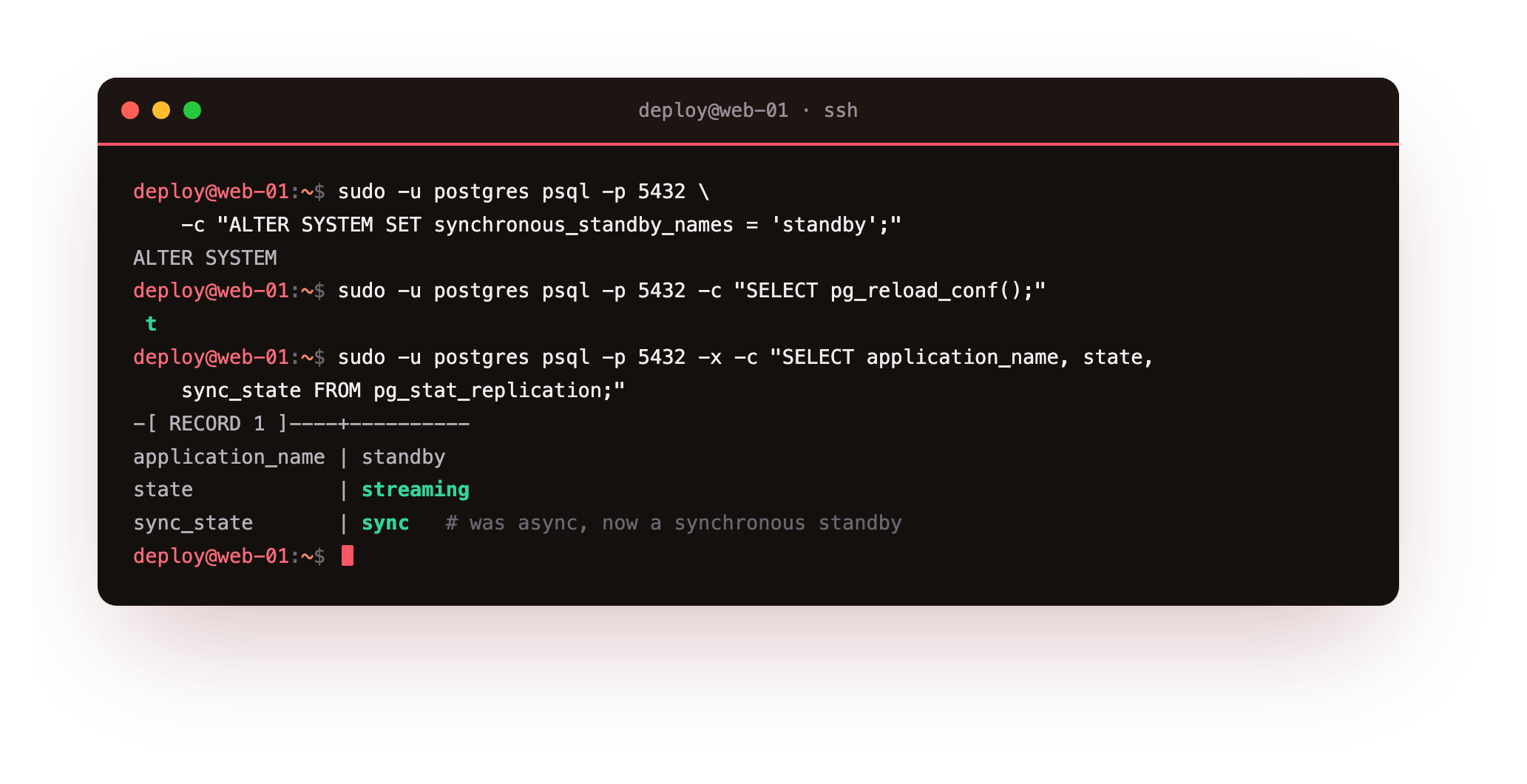After naming the standby in synchronous_standby_names and reloading, pg_stat_replication reports the standby's sync_state changed from async to sync