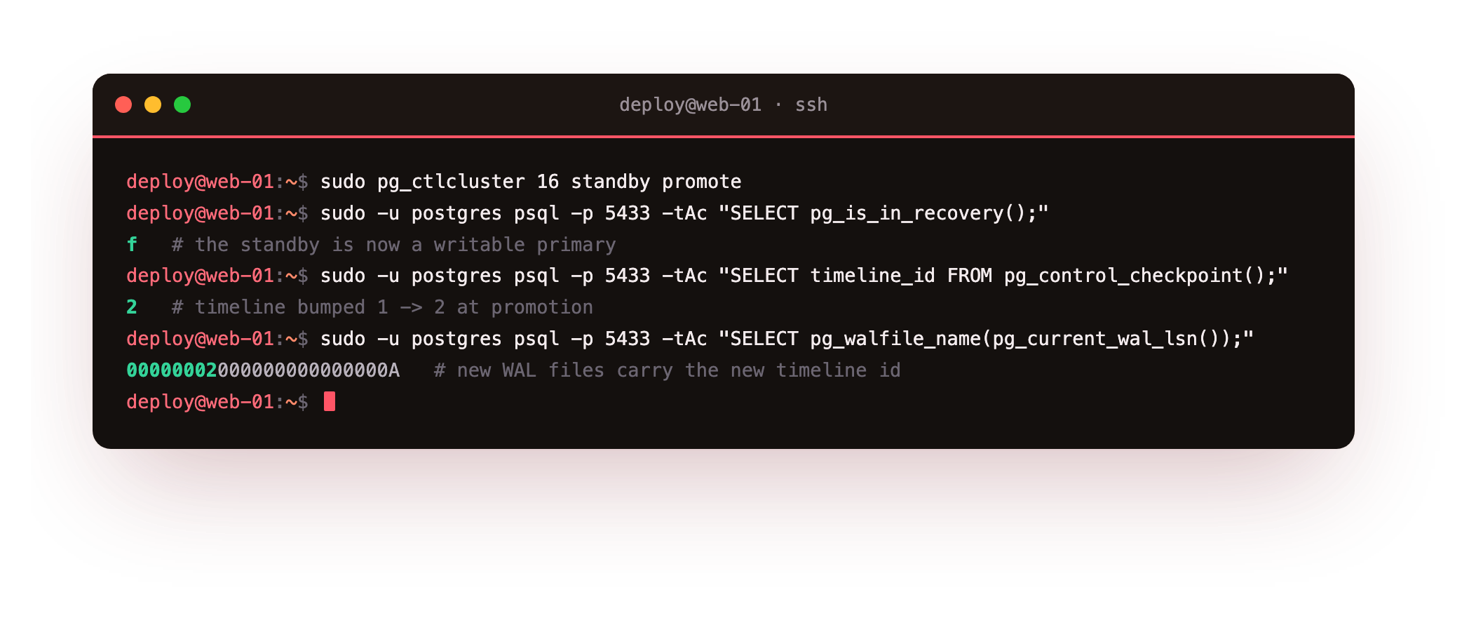 Promoting the standby so pg_is_in_recovery flips from t to f, the timeline id bumps from 1 to 2, and the next WAL filename begins 00000002