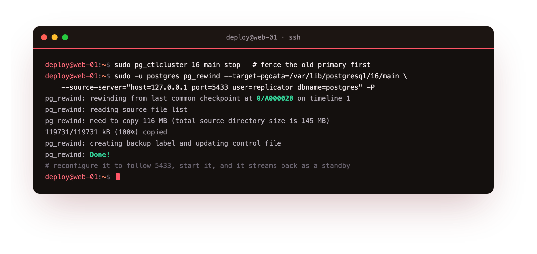 pg_rewind rewinding the old primary from the last common checkpoint on timeline 1 and copying 116 MB so it can stream from the new primary as a standby