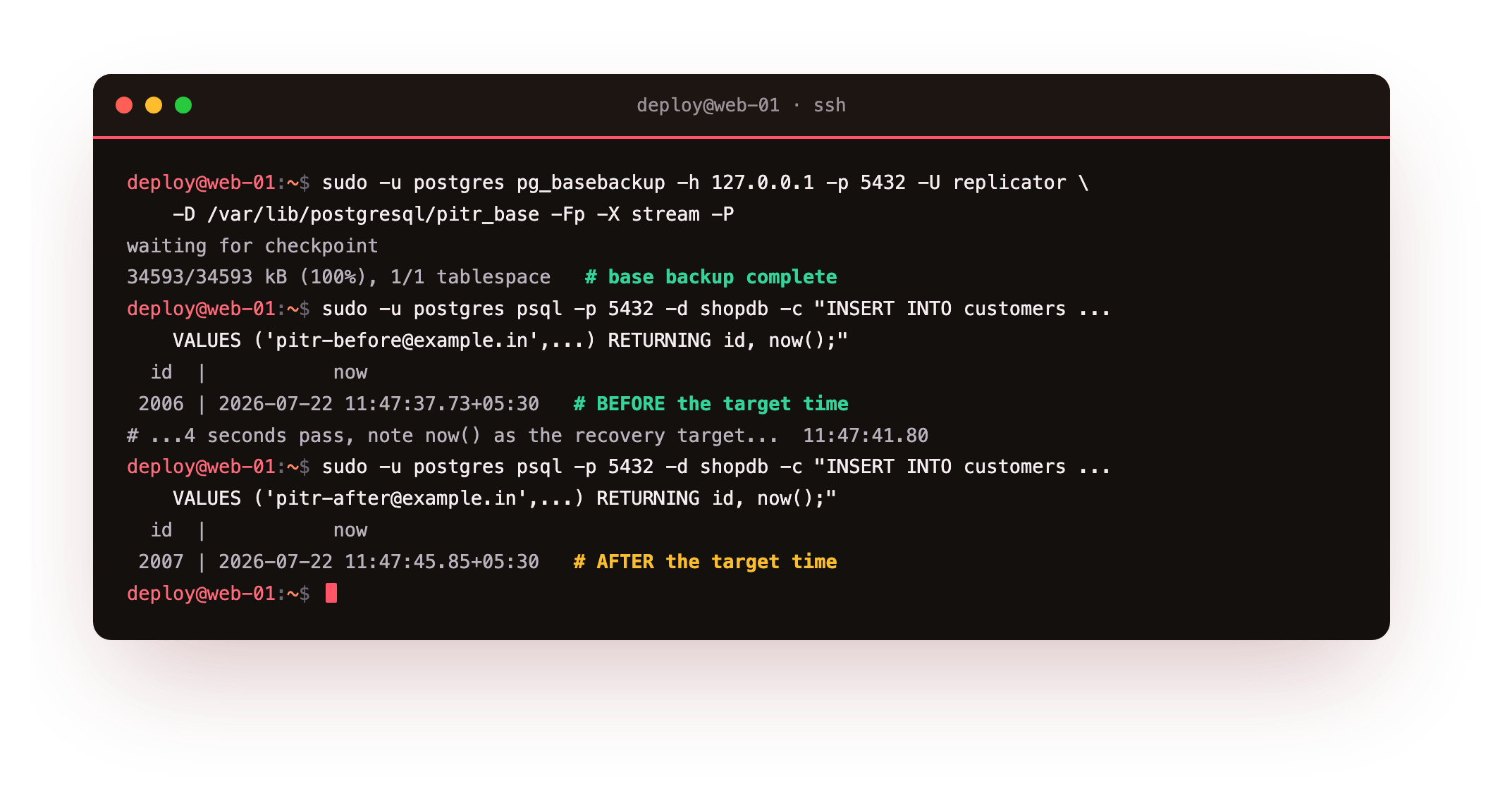 Taking a base backup with pg_basebackup, then two rows inserted around a chosen recovery target time, one before it and one after it